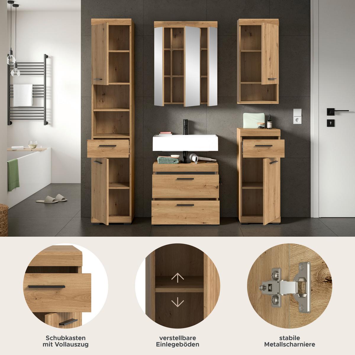 Badezimmer Scout Eiche Artisan 5-teilig - Schwarz/Eiche Artisan, Trend, Glas/Holzwerkstoff (134cm) - MID.YOU