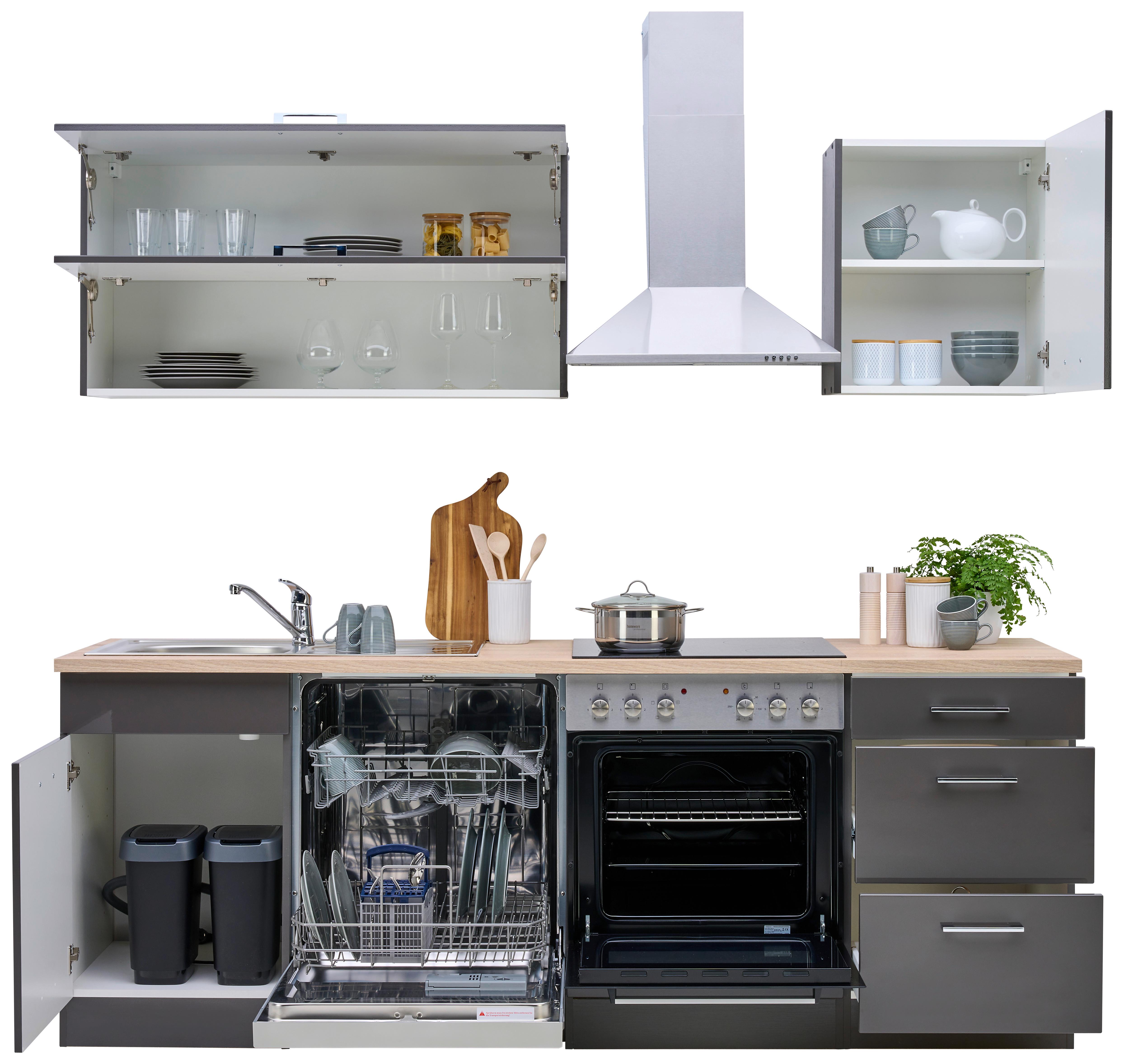 Küchenblock Mailand Anthrazit inkl. E-Geräte - Chromfarben/Eichefarben, MODERN, Holzwerkstoff/Metall (220cm) - Held