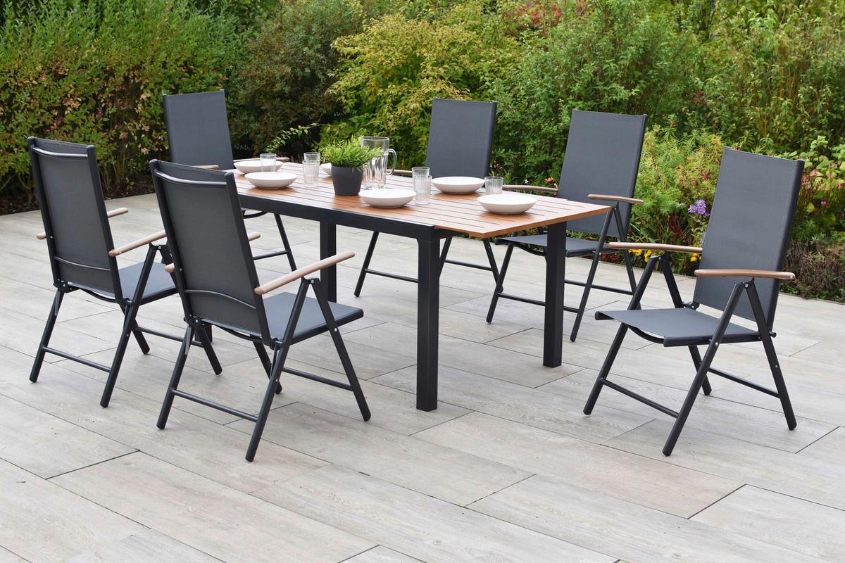 Gartentischgruppe Valenza 7-tlg. Graphitfarben - Graphitfarben/Naturfarben, KONVENTIONELL, Textil/Metall - Gardenson