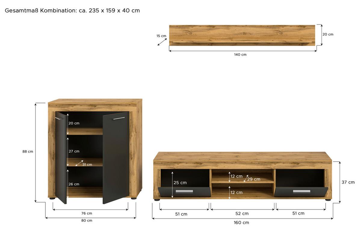 ANSAMBLU MOBILIER CAMERA DE Z JAM - antracit/stejar Wotan, Design, material pe bază de lemn (255/159/35cm) - Modern Living