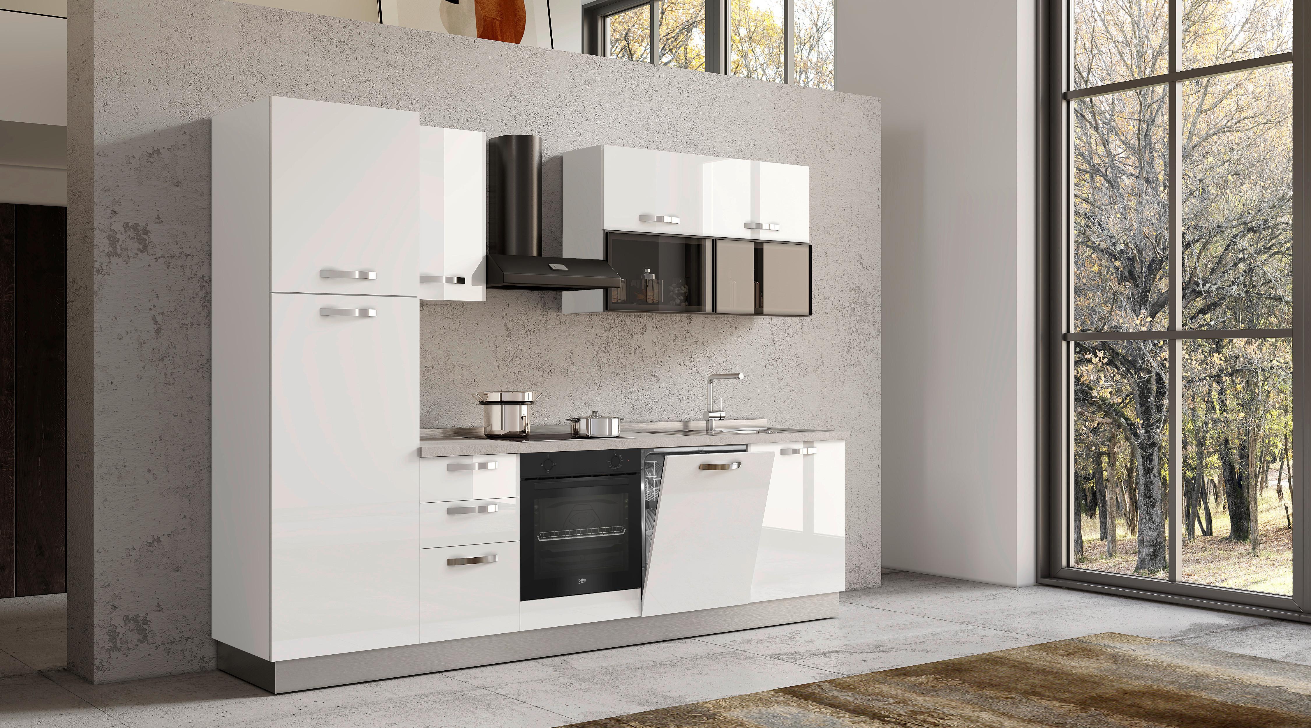 Blok Kuhinja Sa Uređajima Vania - boja aluminijuma/bela visoki sjaj, Konvencionalno, metal/pločasti materijal (285/216/60cm) - Best Price