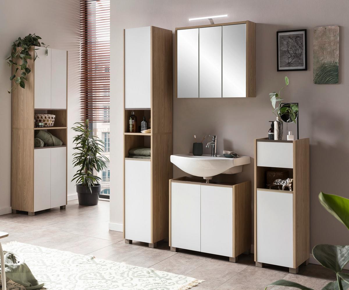 Waschbeckenunterschrank Juba Eiche - Edelstahlfarben/Weiß, MODERN, Holzwerkstoff/Kunststoff (56,9/58,9/33cm) - MID.YOU