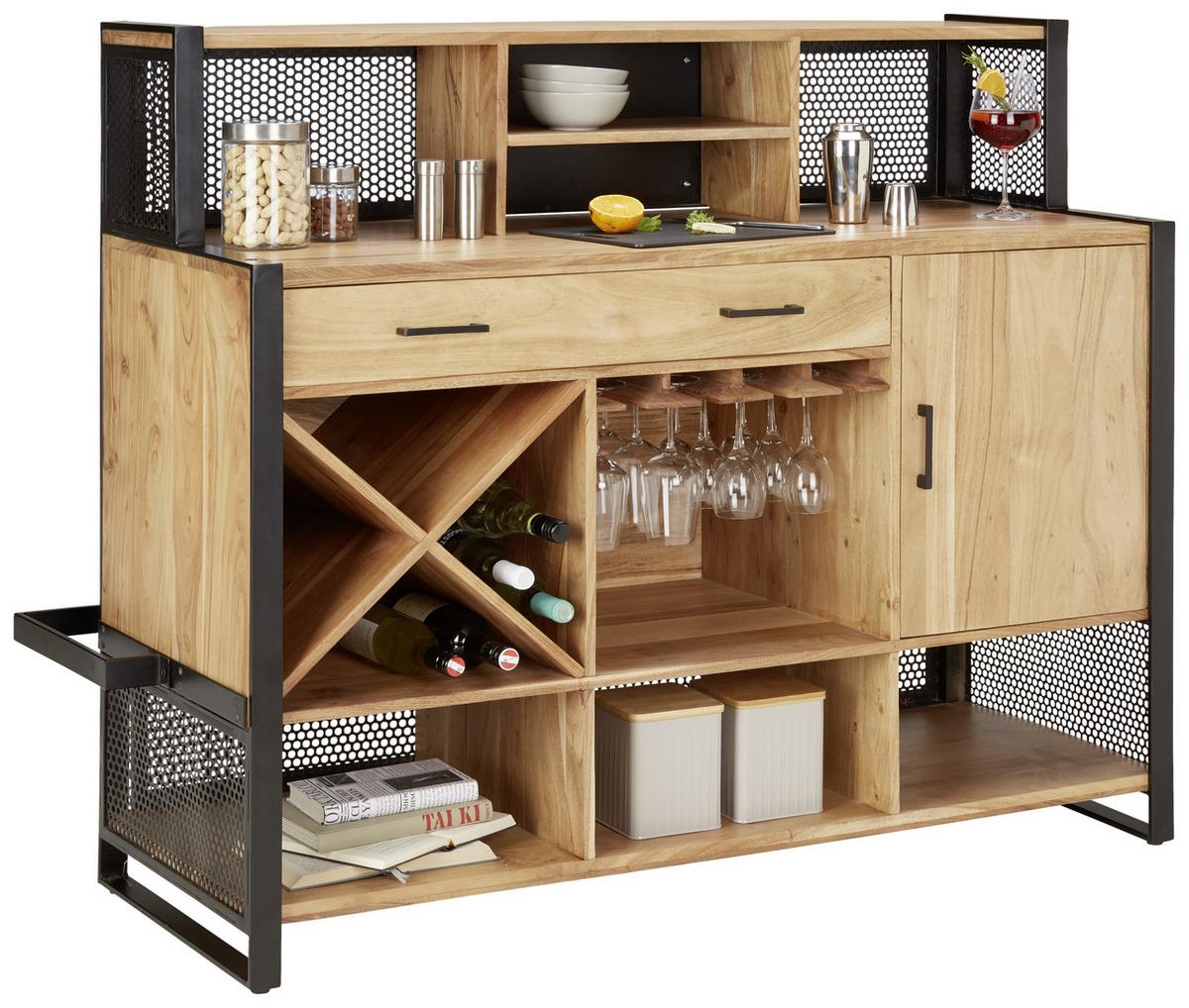 Bar aus Akazie - Schwarz/Naturfarben, Lifestyle, Holz/Metall (140/120/50cm) - Premium Living