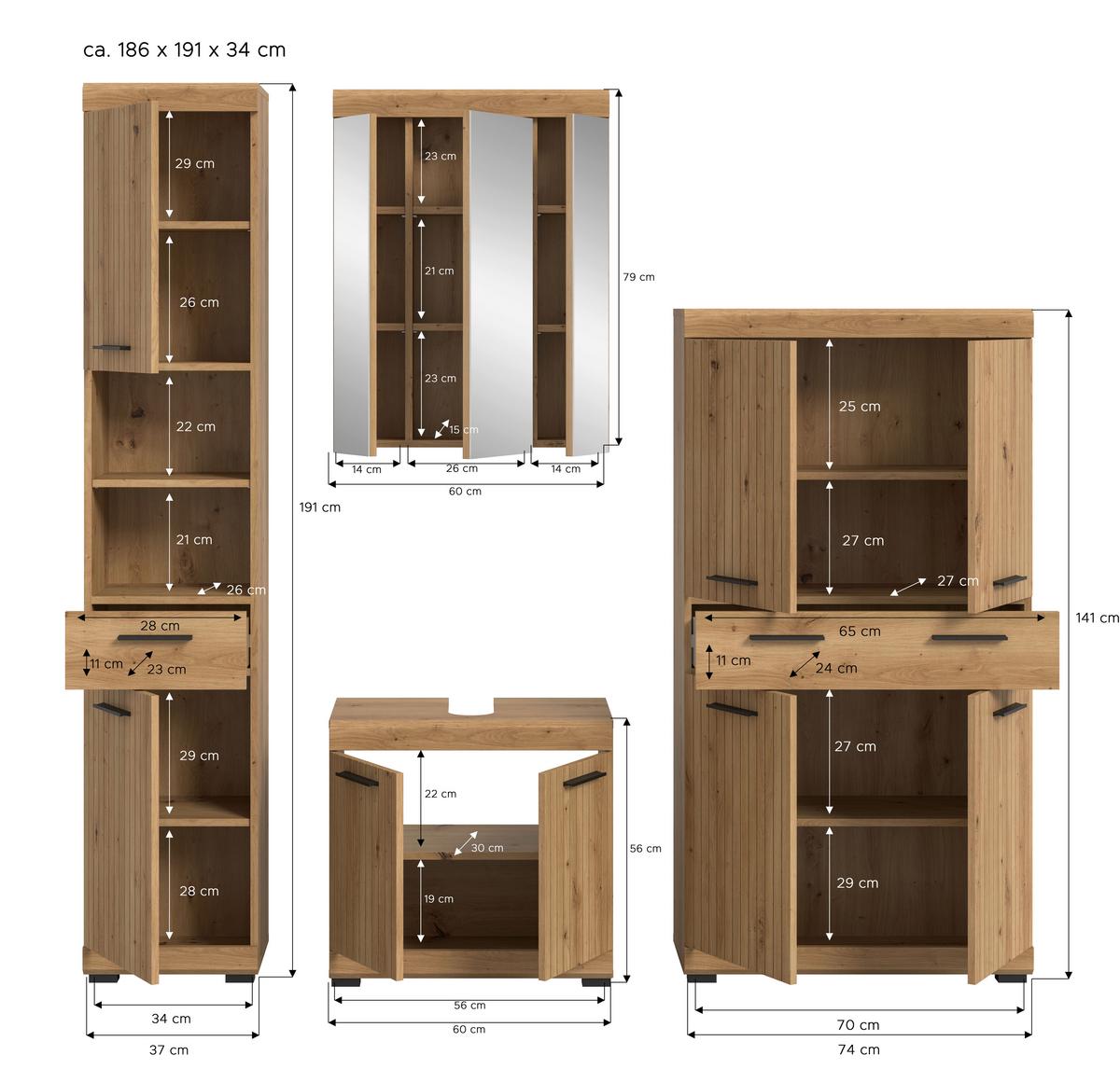 Badezimmer Scout Eiche Artisan 4-teilig - Schwarz/Eiche Artisan, Trend, Glas/Holzwerkstoff (171cm) - MID.YOU