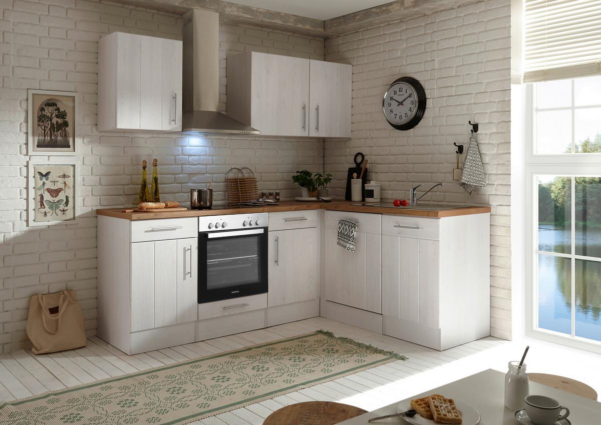 Eckküche Anton Landhaus ohne Geräte ca. 220x172cm Weiß - Wildeiche/Edelstahlfarben, Basics, Holzwerkstoff/Metall (220/172cm) - Respekta