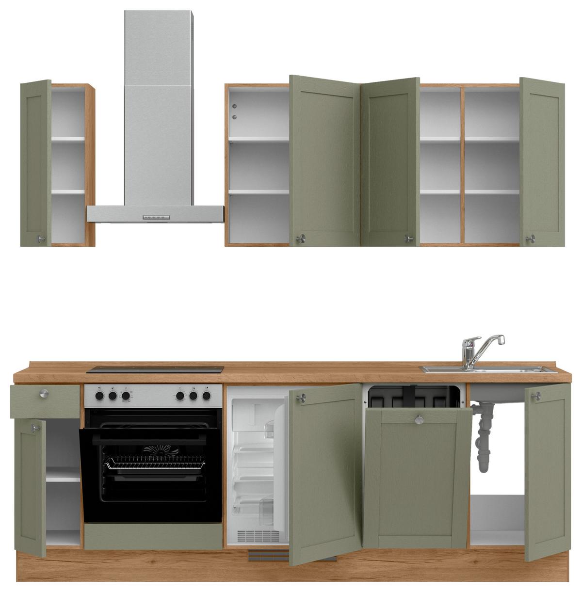 Küchenleerblock Frame Low o. Geräte Olivgrün - Edelstahlfarben/Eichefarben, MODERN, Holzwerkstoff/Metall (240cm) - Nobilia