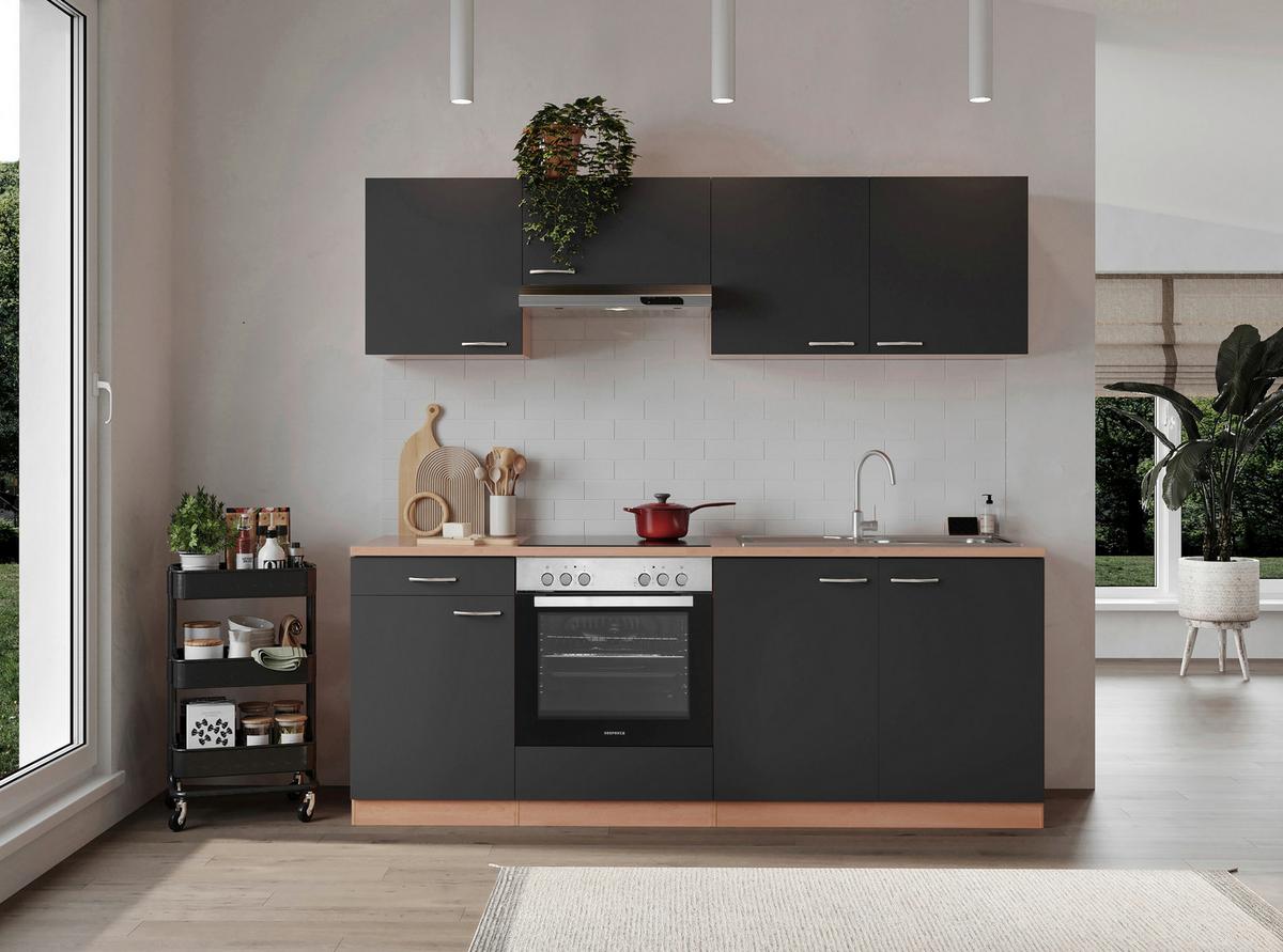 Küchenblock Gerda mit Geräten ca. 210 cm Grau - Buchefarben/Alufarben, Basics, Holzwerkstoff/Kunststoff (210cm) - Respekta