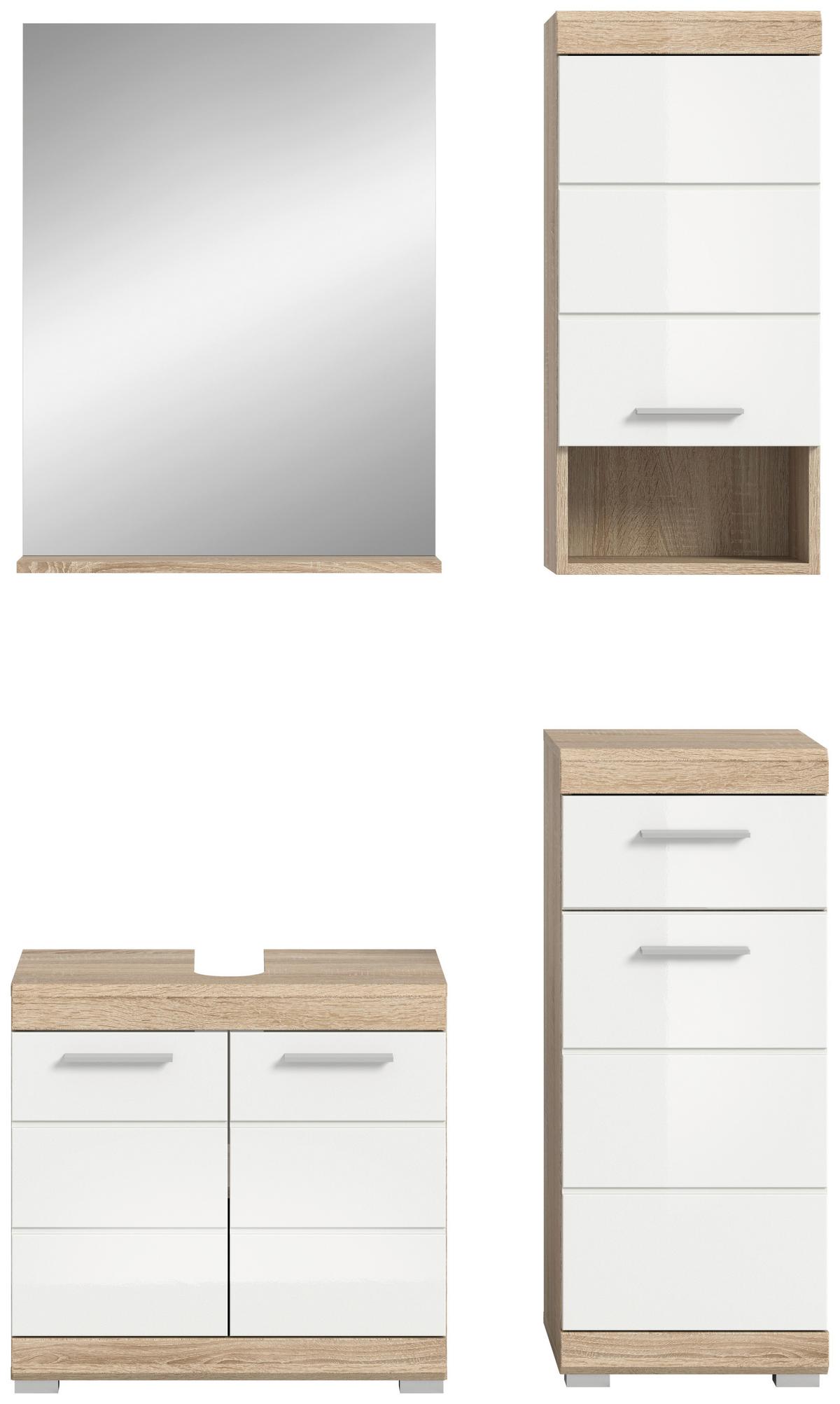 Badezimmer Lambada 4-tlg. ca. 97 cm Eiche/Weiß - Weiß Hochglanz/Silberfarben, MODERN, Glas/Holzwerkstoff (97cm) - MID.YOU
