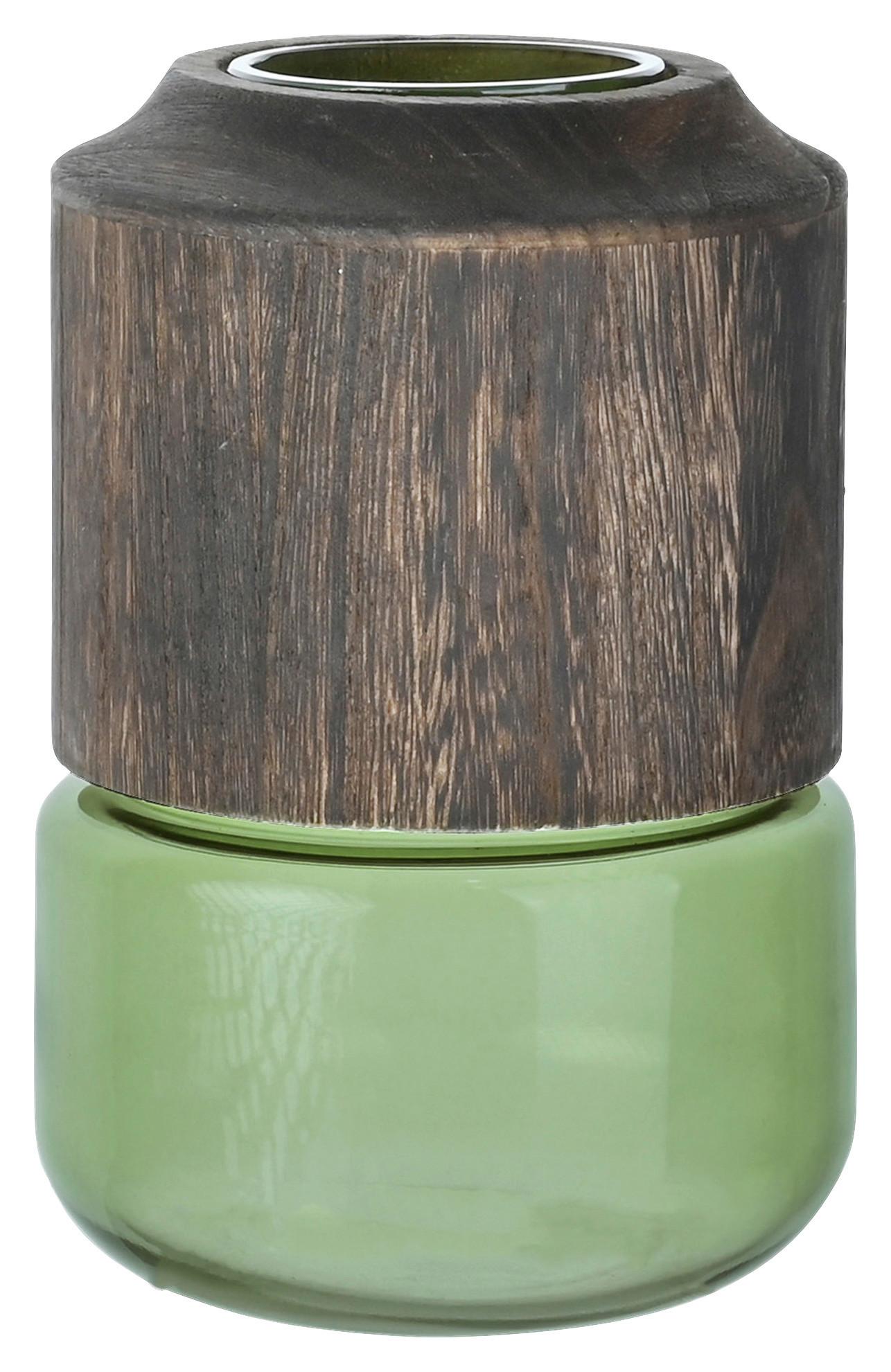Vaza Wood -Paz- - zelena/rjava, steklo/les (13,5/20cm) - Premium Living