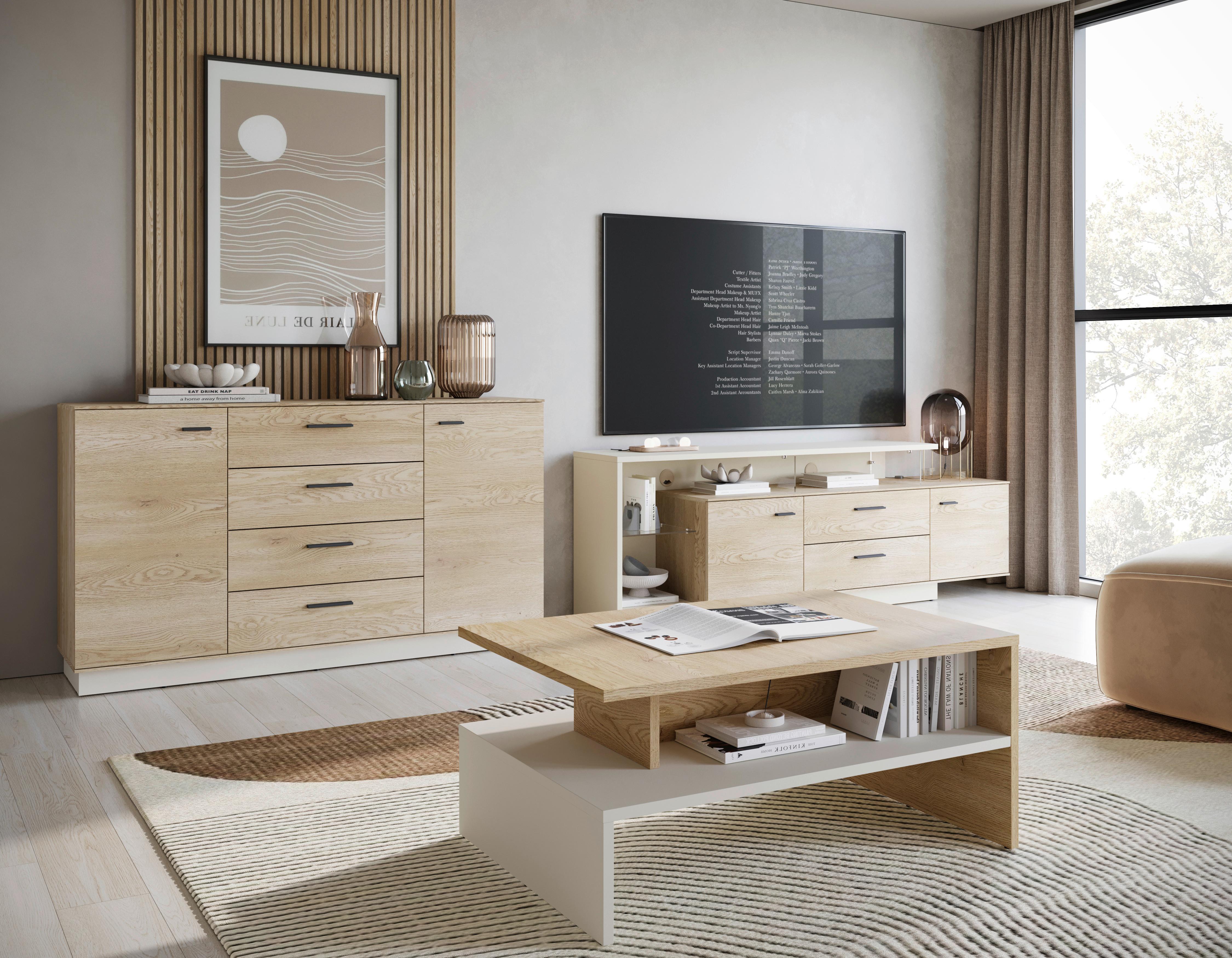 Comodă TV LAGOON - cașmir/culoare lemn stejar, Modern, sticlă/material pe bază de lemn (191,5/65,5/39,9cm) - Modern Living
