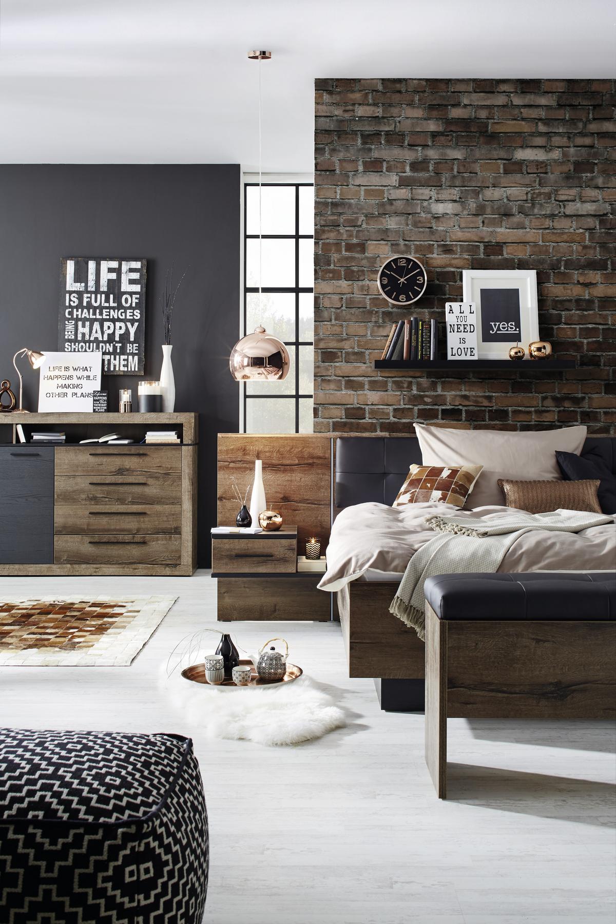 Ágykeret 2 Éjjeliszekrénnyel Bellevue - iszap/fekete, Lifestyle, műanyag/bőr (180/200cm)
