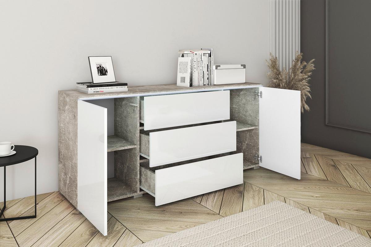 Sideboard Vera mit LED ca. 150 cm Weiß Hochgl./Grau - Weiß Hochglanz/Grau, LIFESTYLE, Holzwerkstoff/Kunststoff (150/67,9/39,5cm) - P & B