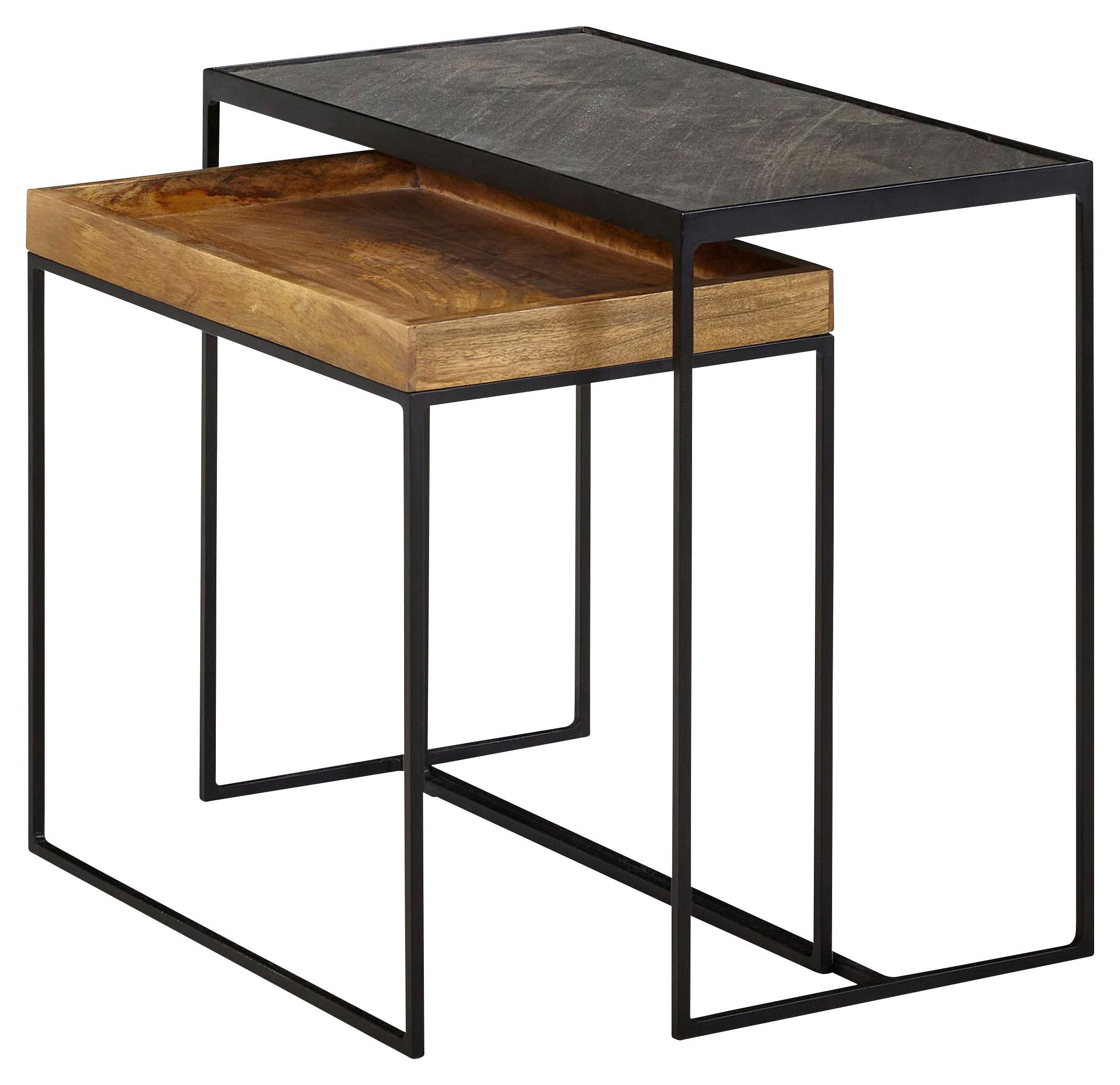 Beistelltischset Wohnling 2er-Set Mangoholz/Schwarz - Braun, MODERN, Holz/Stein (60/30/50cm) - MID.YOU