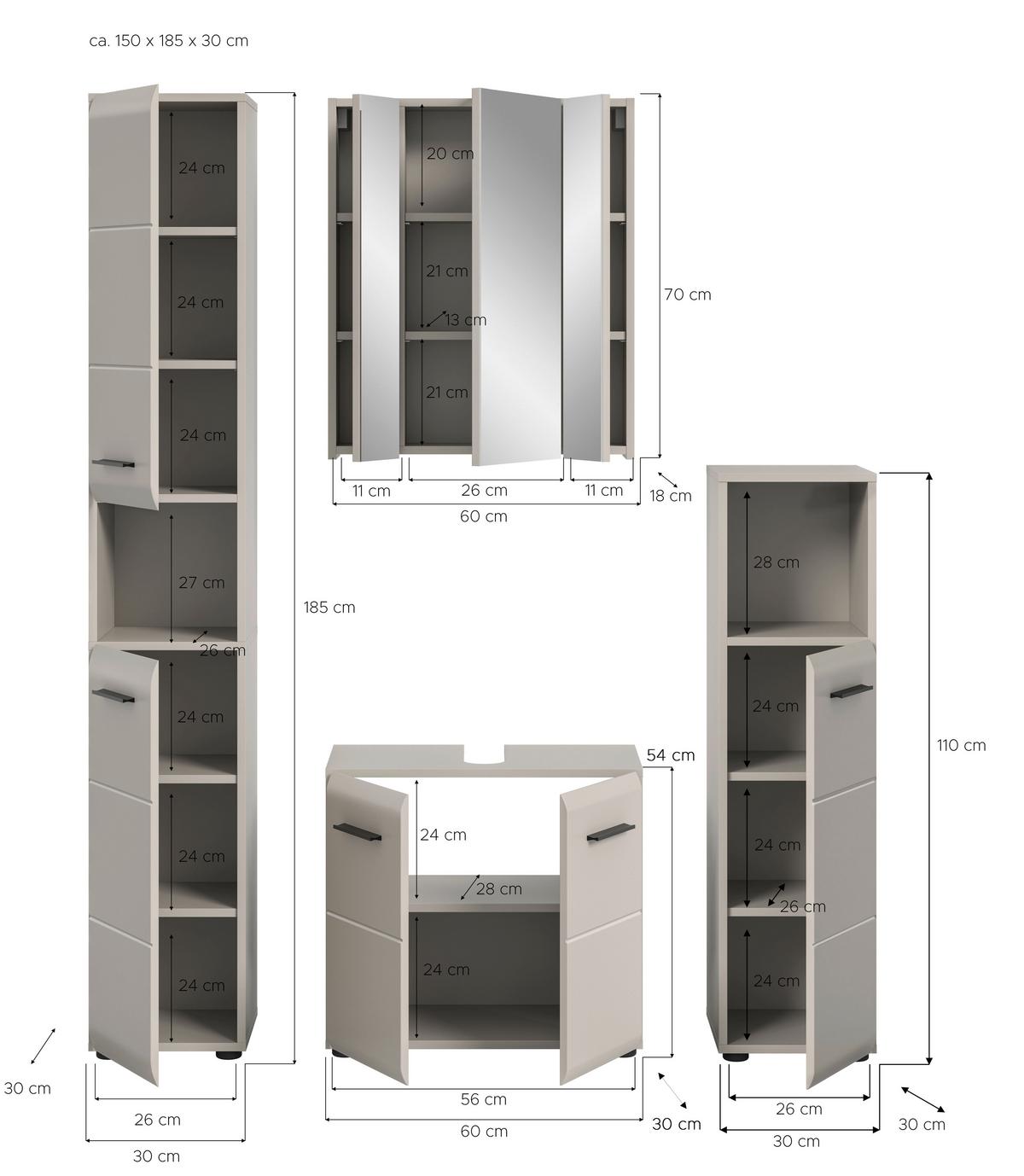 Badezimmer Ice Kaschmir 4-teilig - Kaschmir/Schwarz, Trend, Glas/Holzwerkstoff (120cm) - MID.YOU