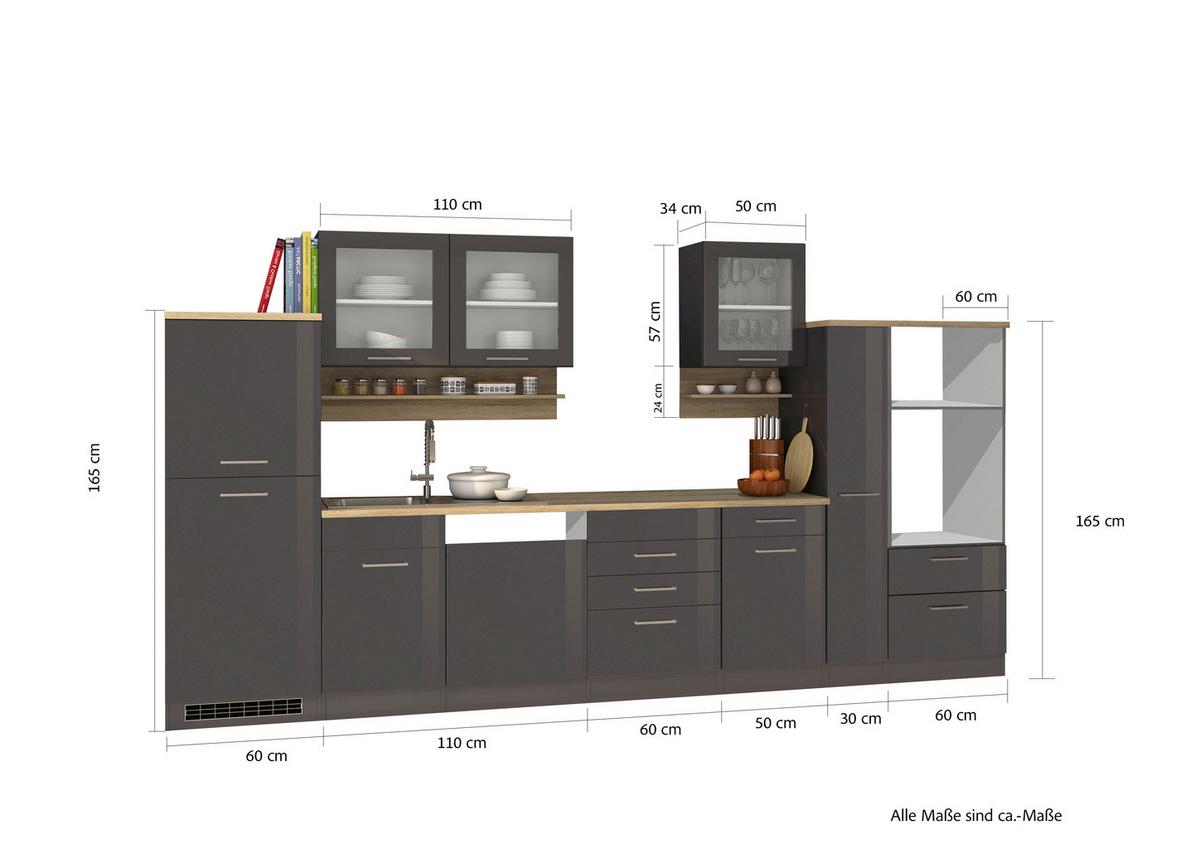 Küchenleerblock Mailand o. Geräte Graphitfarben - Silberfarben/Graphitfarben, MODERN, Glas/Holzwerkstoff (370cm) - Held