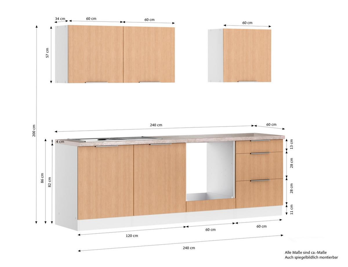Küchenleerblock Glasgow o. Geräte Weiß/Eichefarben - Eichefarben/Beige, LIFESTYLE, Holzwerkstoff/Metall (240cm) - Held
