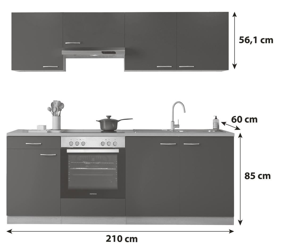 Küchenblock Gerda mit Geräten ca. 210 cm Grau - Buchefarben/Alufarben, Basics, Holzwerkstoff/Kunststoff (210cm) - Respekta