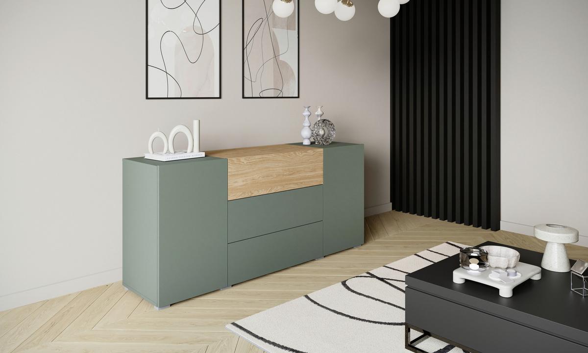 Sideboard 150cm Berlin 150 Salbeigrün/Eichefarben - Eichefarben/Salbeigrün, Design, Holzwerkstoff/Kunststoff (150/68/38,5cm) - P & B
