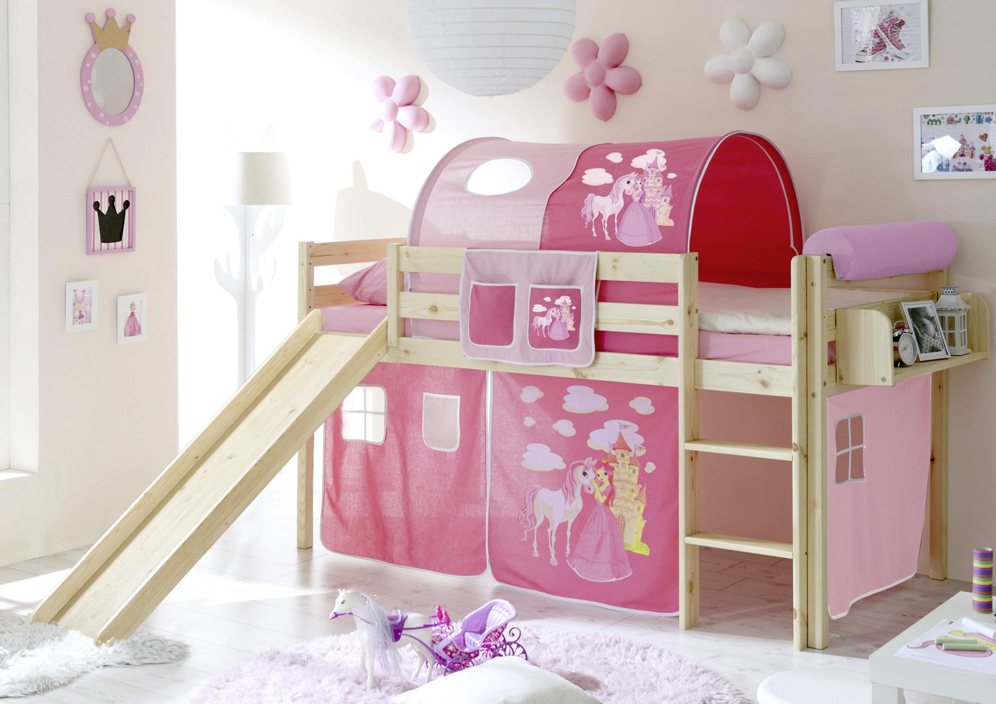 Spielbett "Manuel",aus Kiefer, kieferfarben/pink - Pink/Kieferfarben, Natur, Holz (90/200cm) - MID.YOU