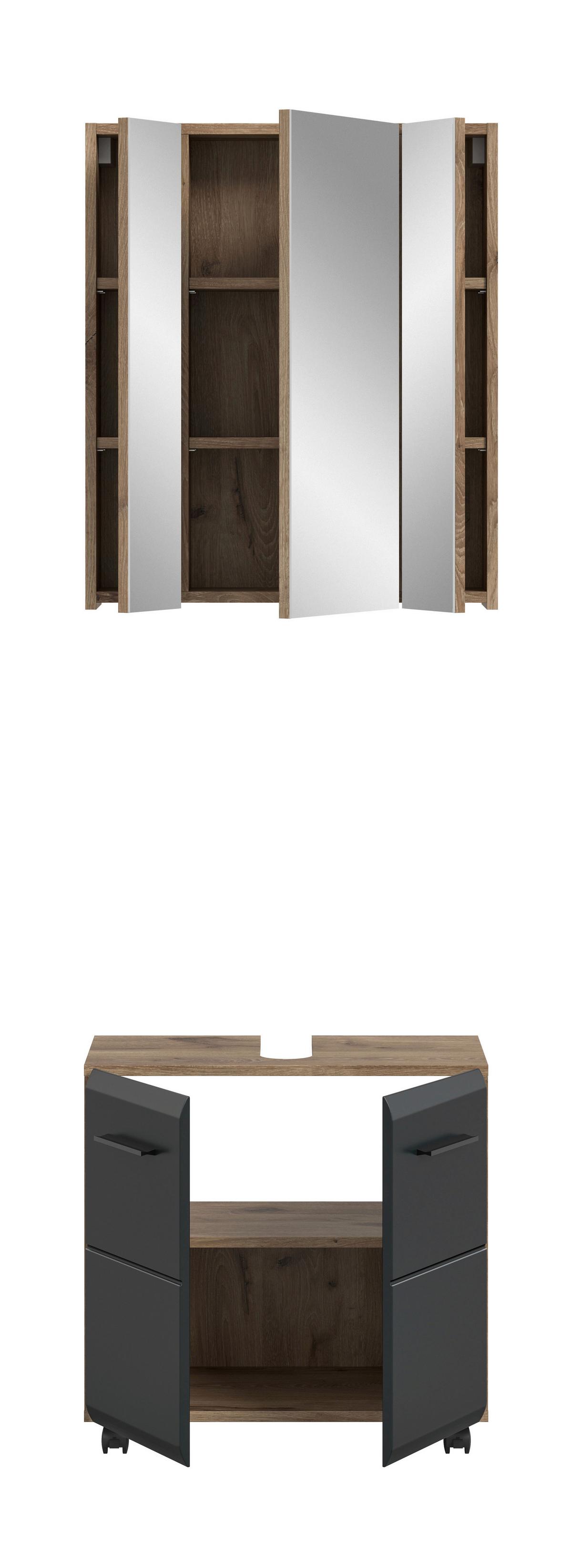 Badezimmer Ice Schwarz/Eiche dunkel 2-teilig - Eiche dunkel/Schwarz, Trend, Glas/Holzwerkstoff (60cm) - MID.YOU