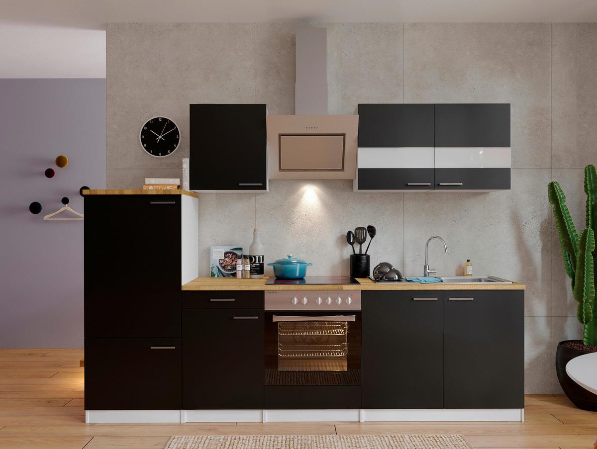 Küchenzeile Economy m. Geräten Schwarz/Nussbaum B: ca. 270 cm - Edelstahlfarben/Nussbaumfarben, Basics, Holzwerkstoff/Metall (270cm) - Respekta