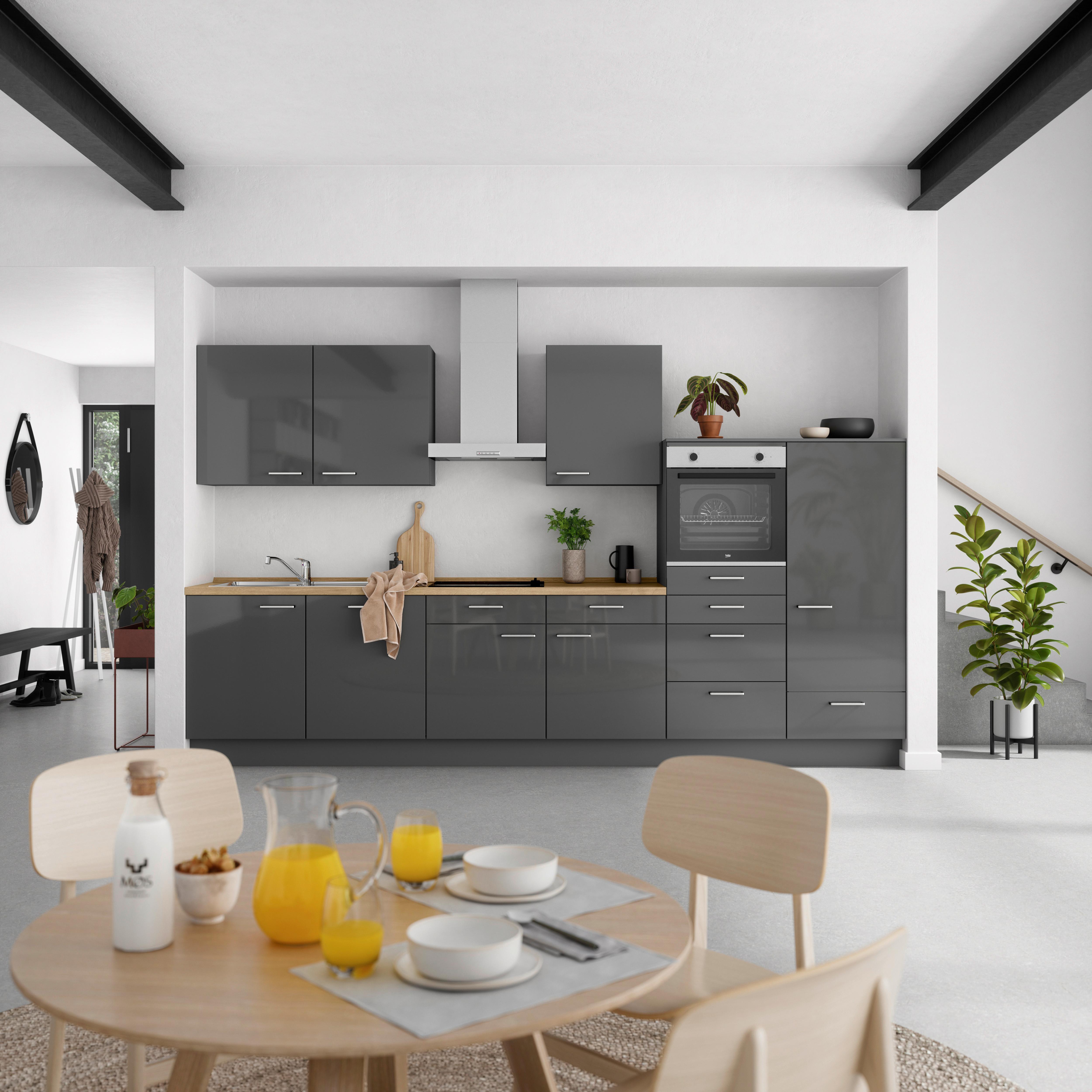 Küchenblock Flash Low m. Geräten Schieferfarben - Schieferfarben/Edelstahlfarben, MODERN, Holzwerkstoff/Metall (360cm) - Nobilia
