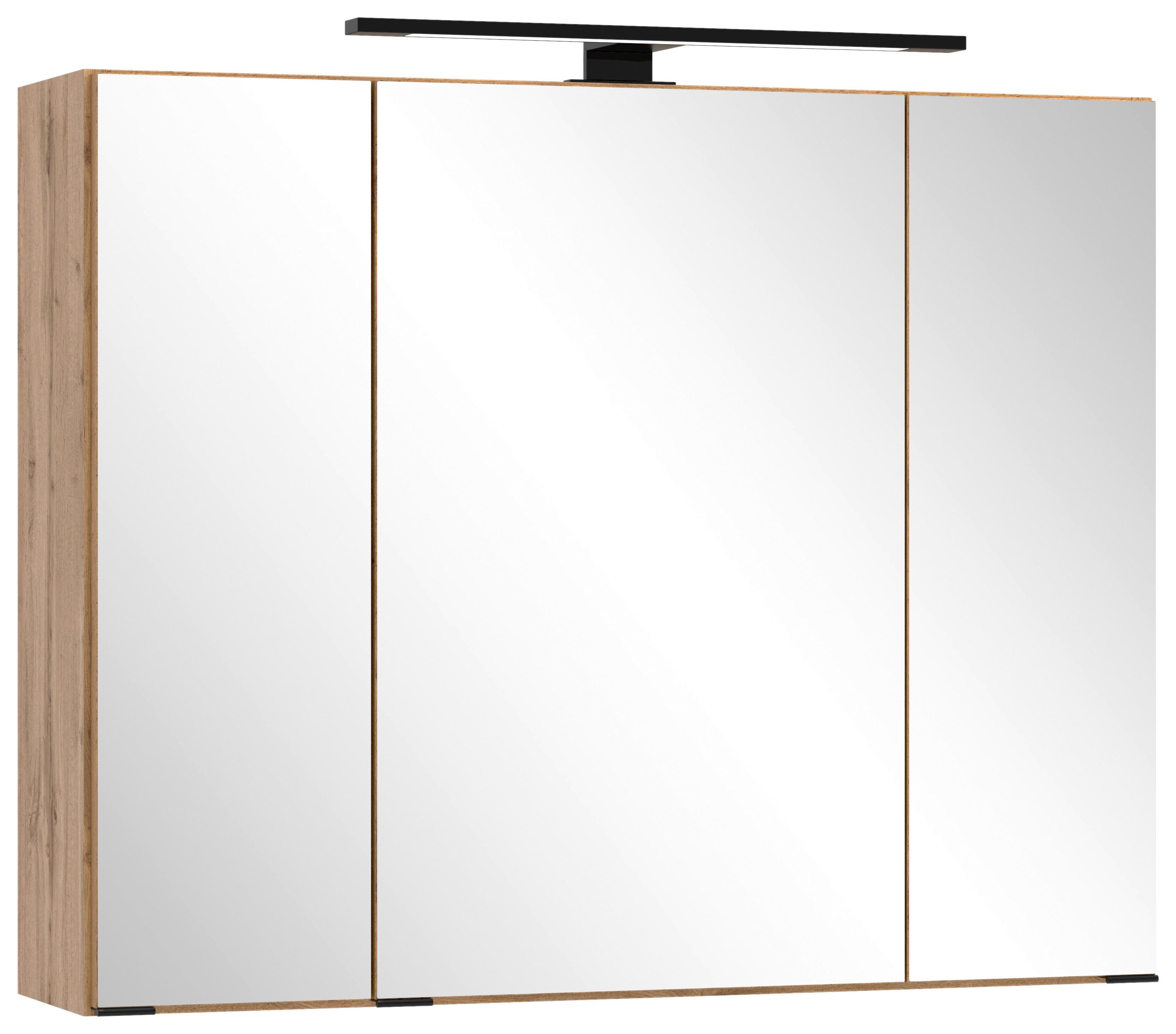 Spiegelschrank Chester mit LED 3-türig ca. 80x68 cm Eiche - Eiche Wotan/Schwarz, MODERN, Glas/Holzwerkstoff (80/67,5/20cm) - Held