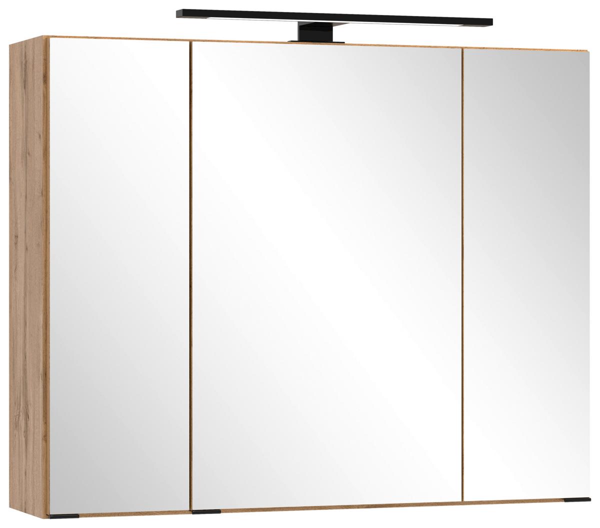 Spiegelschrank Chester mit LED 3-türig ca. 80x68 cm Eiche - Eiche Wotan/Schwarz, MODERN, Glas/Holzwerkstoff (80/67,5/20cm) - Held