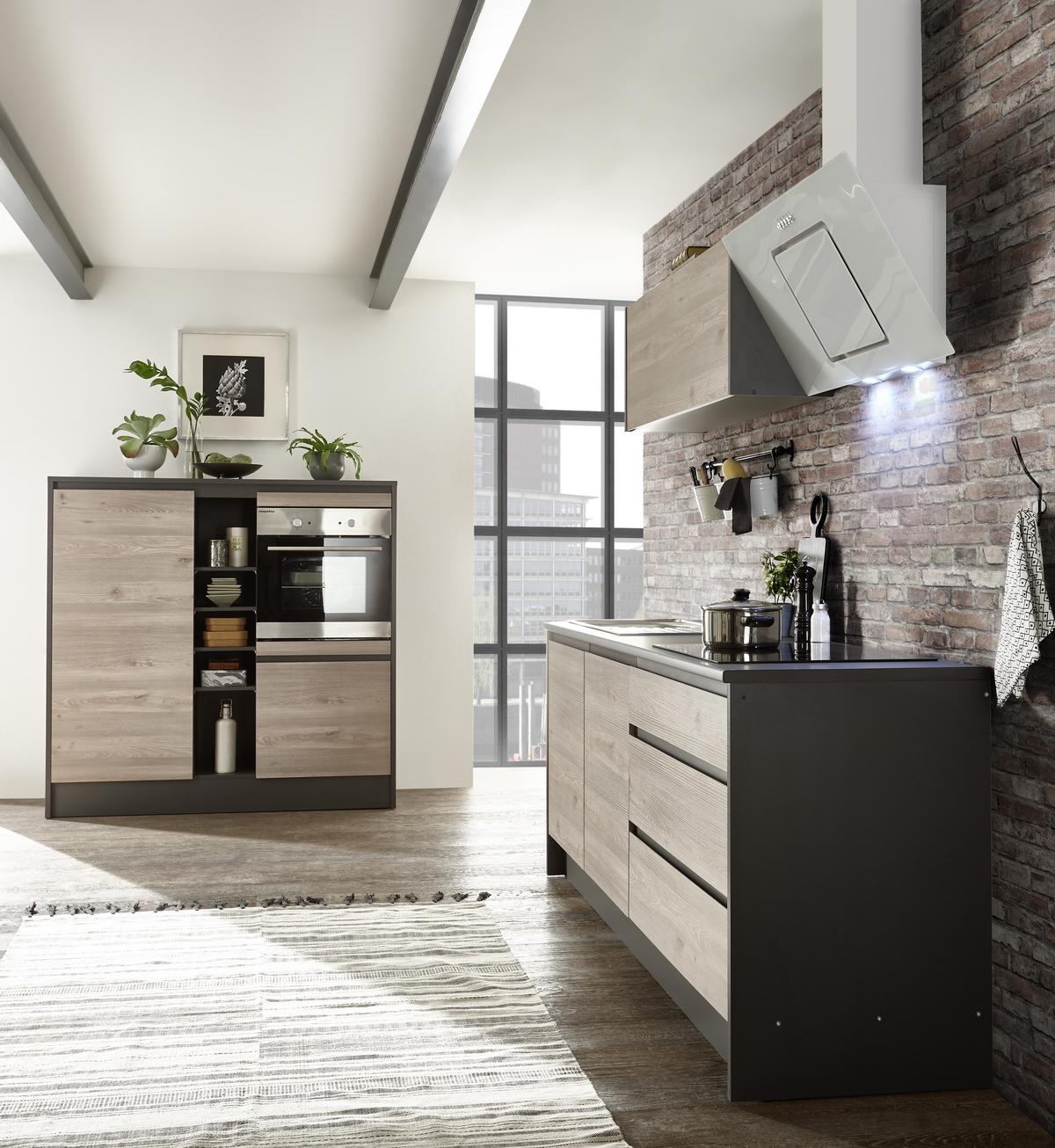 MEBLE KUCHENNE BEZ SPRZĘTÓW LESS 4 - kolor dębowy/antracytowy, Modern, materiał drewnopochodny (210/150cm) - Carryhome