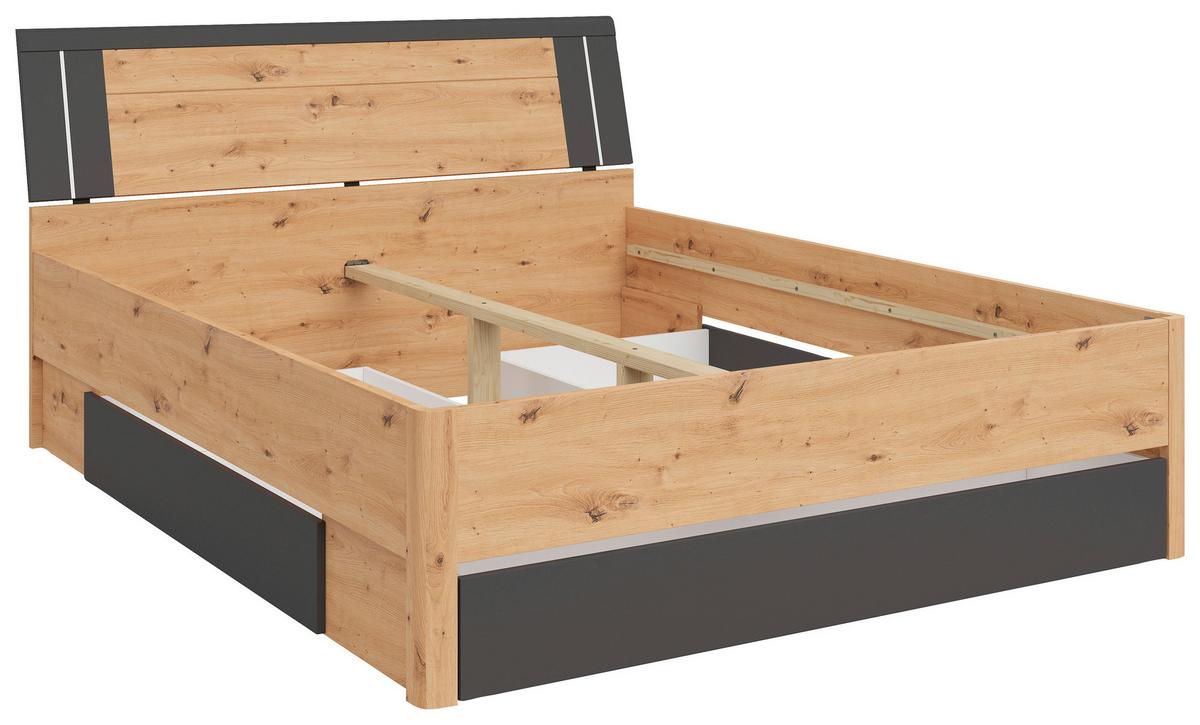 Pat cu spațiu de depozitare SATURN 160 - grafit/stejar Artisan, Konventionell, material pe bază de lemn (160/200cm)