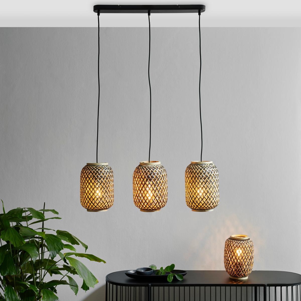 Viseča Svetilka Zuro, Jeklo, Bambus, 3 X 15 W - črna/naravne barve, Romantika, kovina/naravni materiali - Modern Living