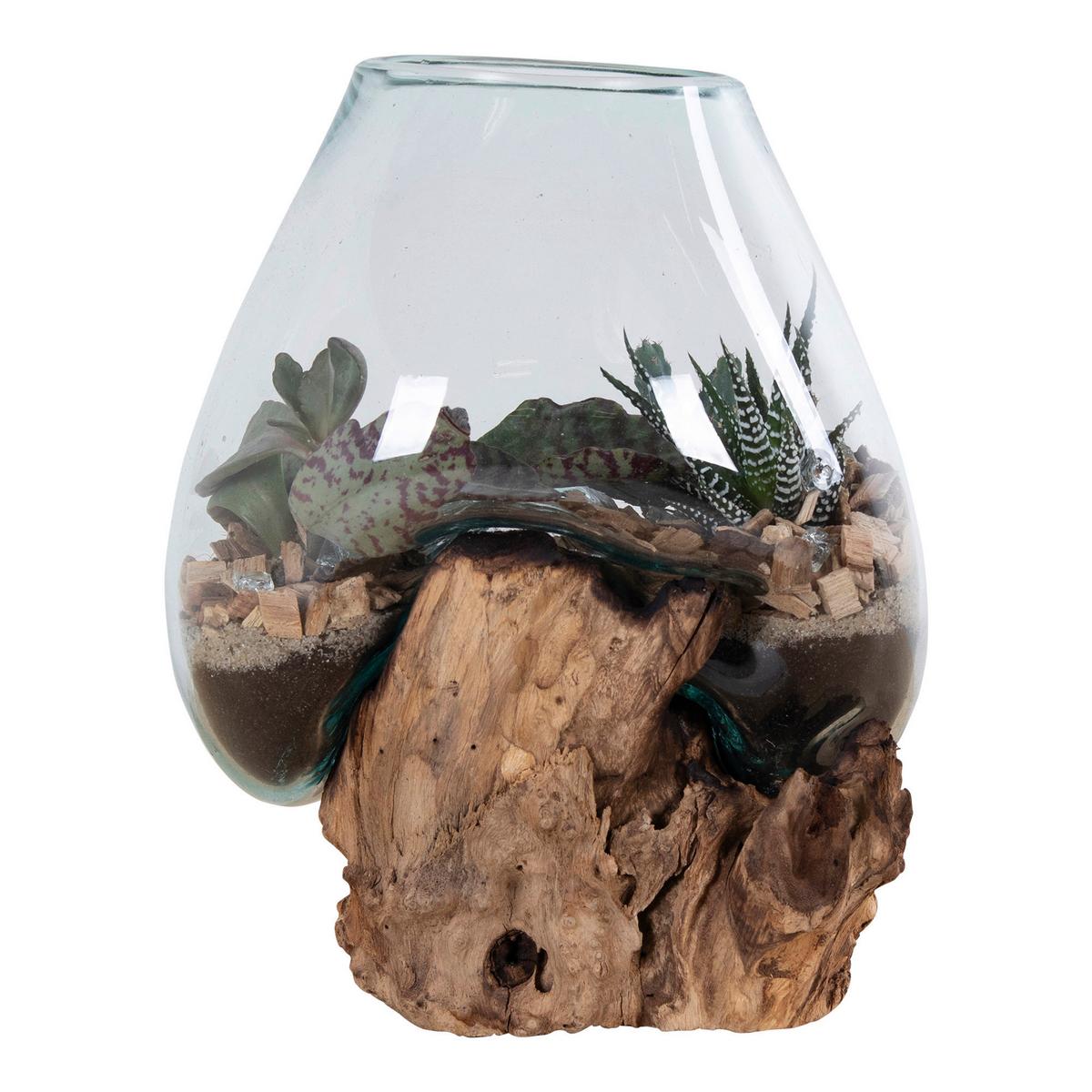 Vase San Marino Waterdrop Transparent/Teakfarben - Transparent/Teakfarben, Design, Glas/Holz (18/20/15cm)