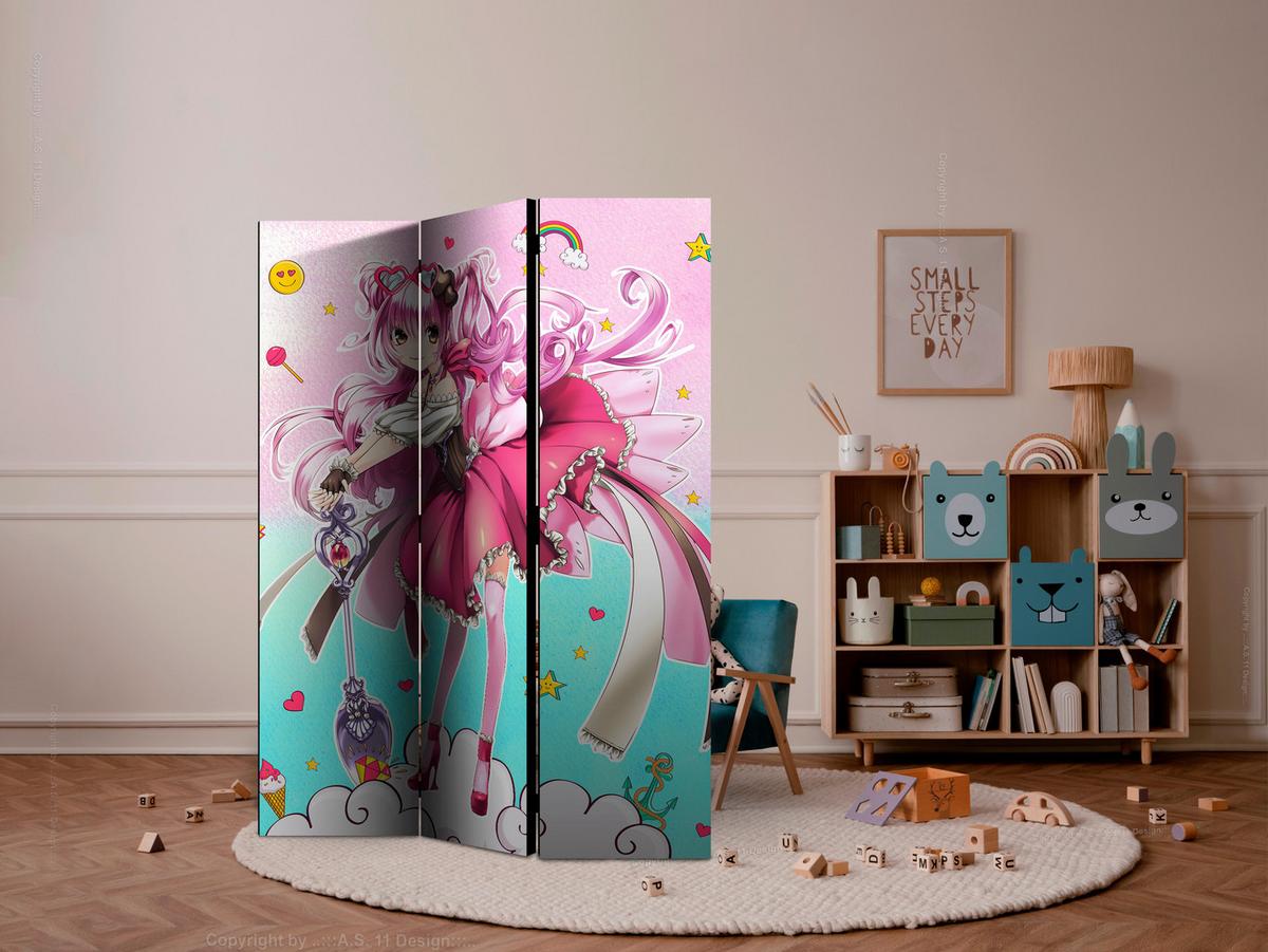 Paravan Sorceress Miko, 3-Delni, Dvostranski - turkizna/pink, Basics, tekstil/les (135/172/3cm) - artgeist