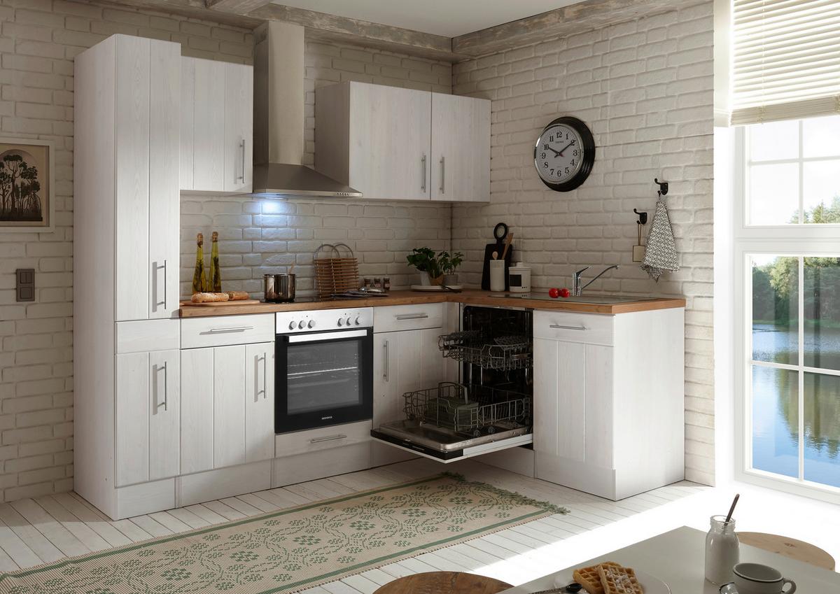 Eckküche Anton Landhaus ohne Geräte ca. 250x172cm Weiß - Wildeiche/Edelstahlfarben, Basics, Holzwerkstoff/Metall (250/172cm) - Respekta