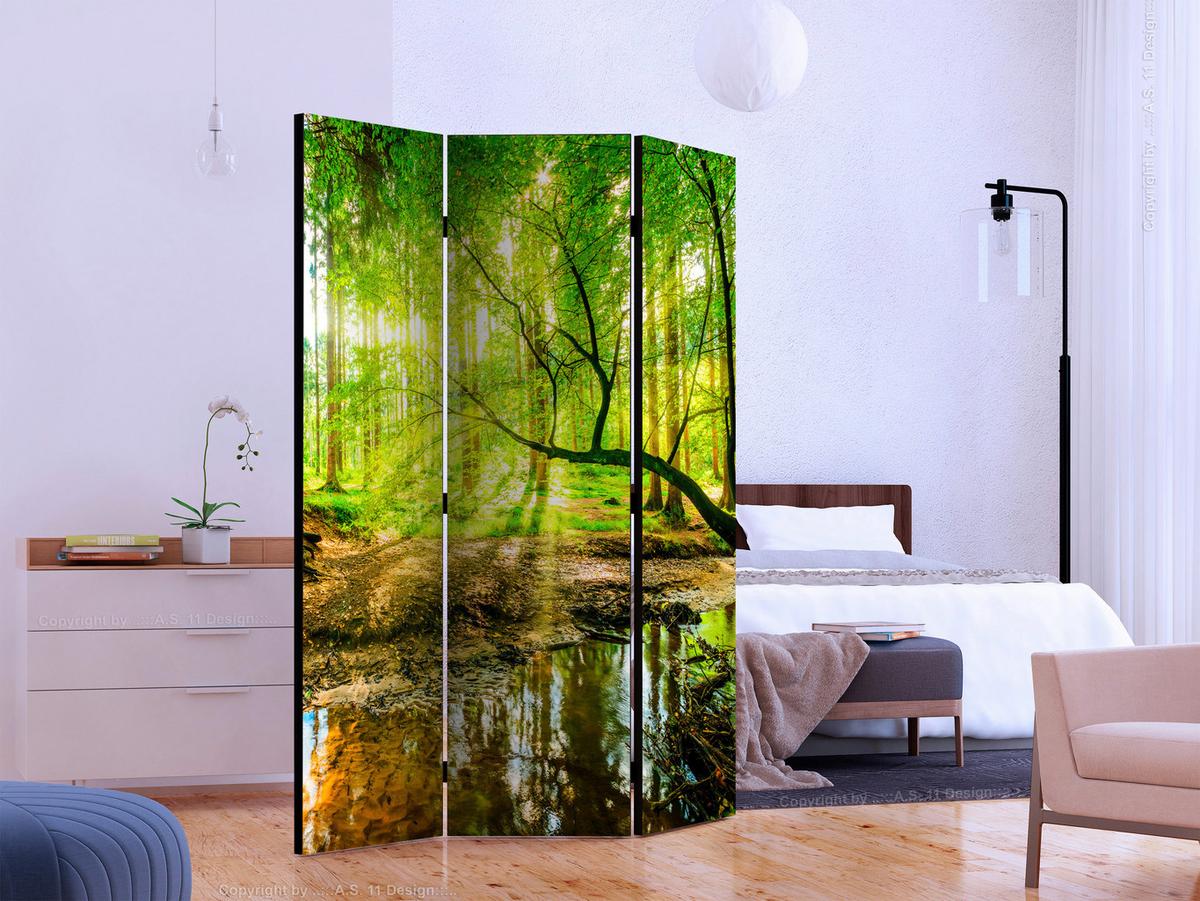 Paravan Forest Stream, 3-Delni, Enostranski - rumena/zelena, Basics, tekstil/les (135/172/3cm) - artgeist