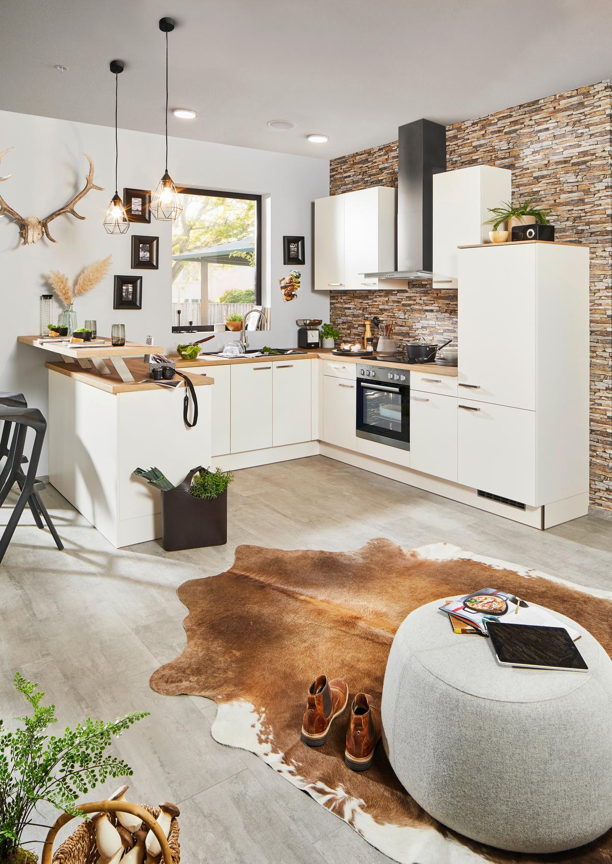 Einbauküche inkl. 4 E-Geräte PN 80 Magnolieweiss - Edelstahlfarben/Magnolie, MODERN, Holzwerkstoff/Metall (300/275cm) - Pino