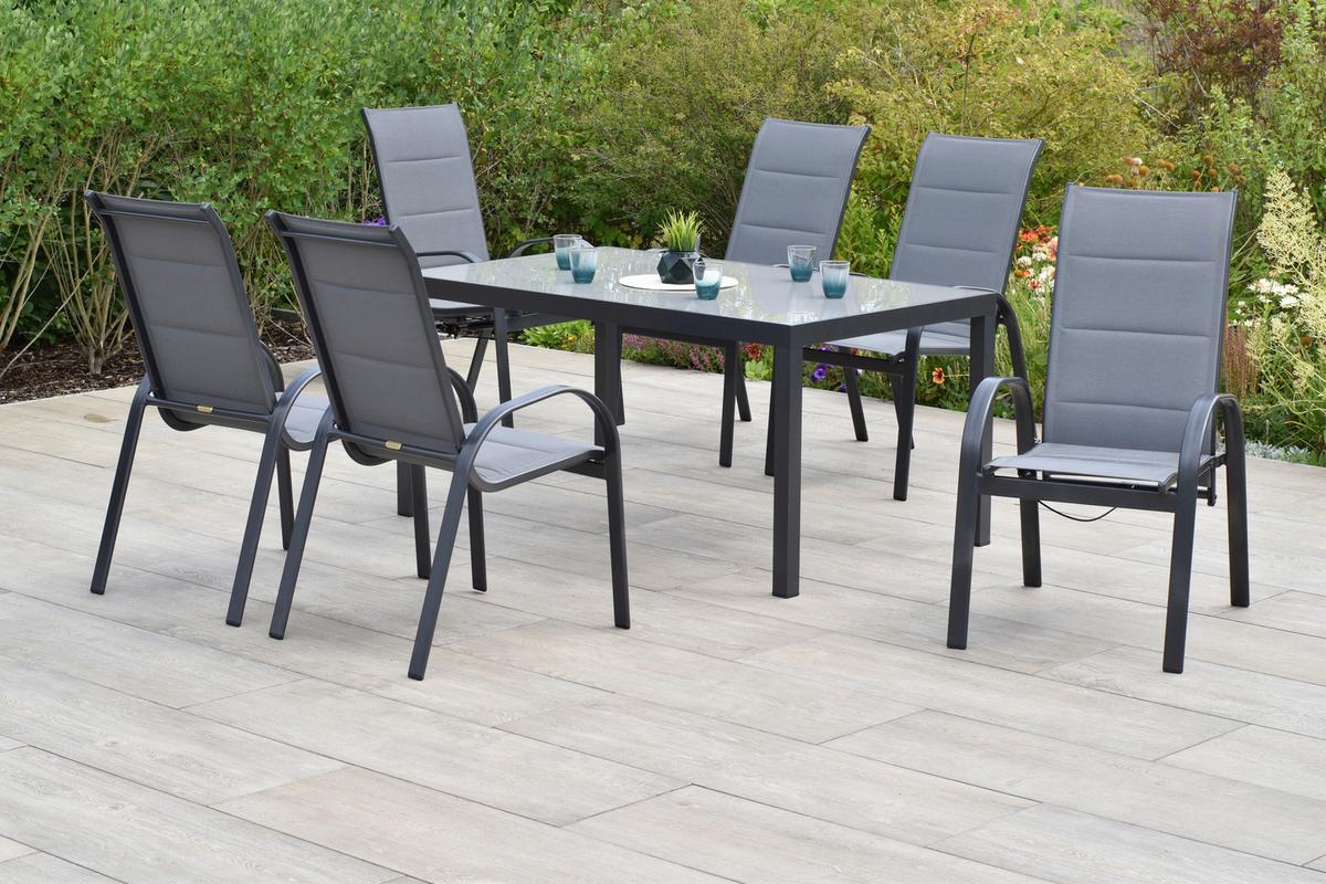 Gartentischgruppe Amalfi 7-tlg. Graphitfarben - Graphitfarben/Grau, KONVENTIONELL, Glas/Textil - Gardenson