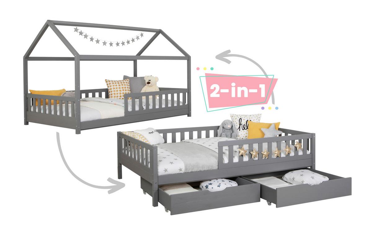 Postelja S Predalom Duo, 90x200, Bor, Siva, Masivno - naravne barve/svetlo siva, Moderno, les (90/200cm) - MID.YOU