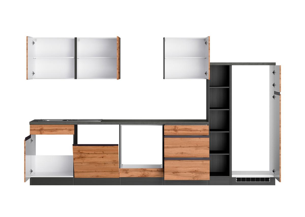 Küchenzeile Turin ohne Geräte ca. 330 cm Graphit/Eiche - Eiche Wotan, Design, Holzwerkstoff (330cm) - Held