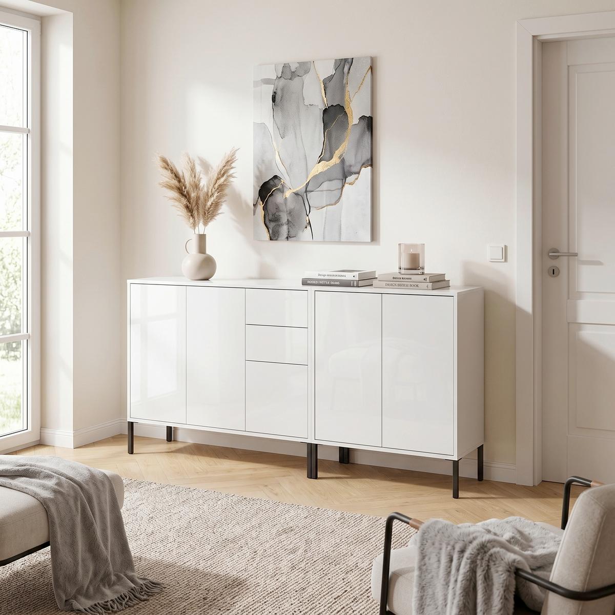 Sideboard Mailand Set 10 Weiß - Weiß Hochglanz/Anthrazit, MODERN, Holzwerkstoff/Metall (184,5/86/33cm) - MID.YOU