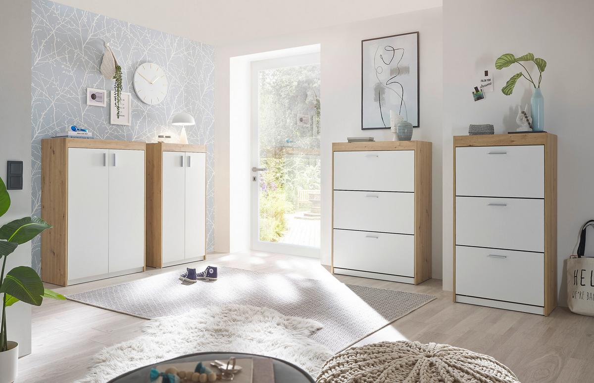 Schuhschrank Paris in Weiss/Eichefarben - Weiss/Silberfarben, Modern, Holzwerkstoff/Kunststoff (64/126/38cm) - Mömax