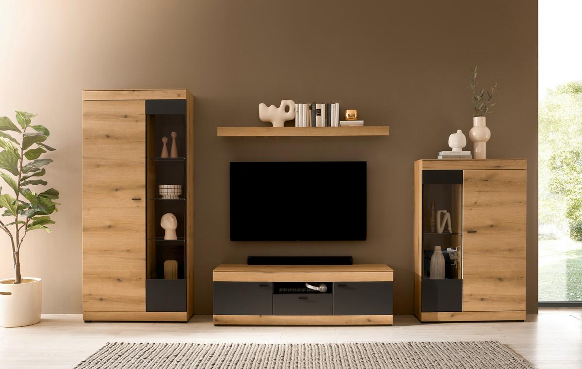 WOHNWAND SOLETO - Eichefarben/Graphitfarben, Design, Glas/Holzwerkstoff (350/201/45cm) - MID.YOU