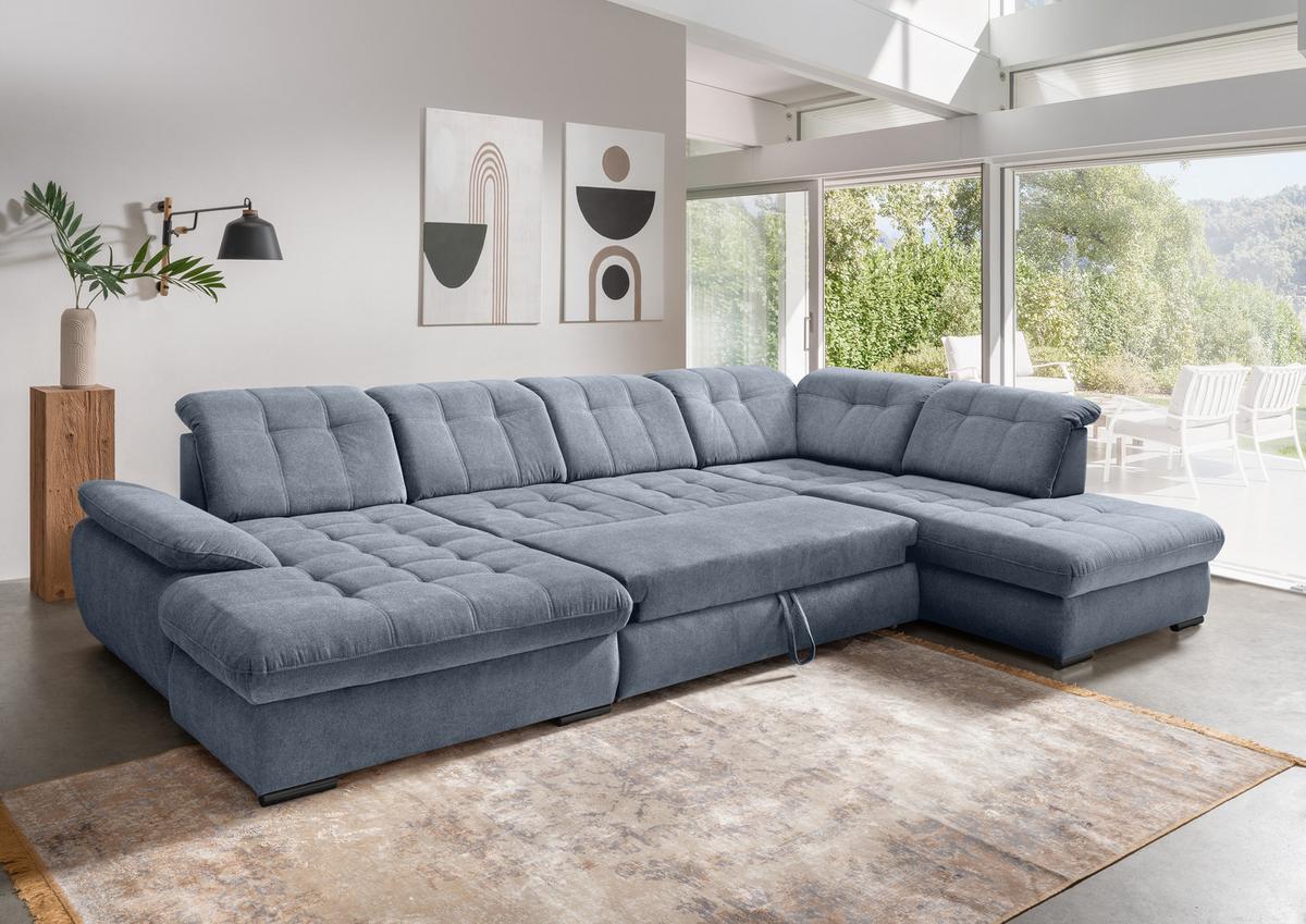 Wohnlandschaft Rigatti Hellblau Chenille m.Bettkasten - Schwarz/Hellblau, MODERN, Textil/Metall (184/387/252cm) - Livetastic