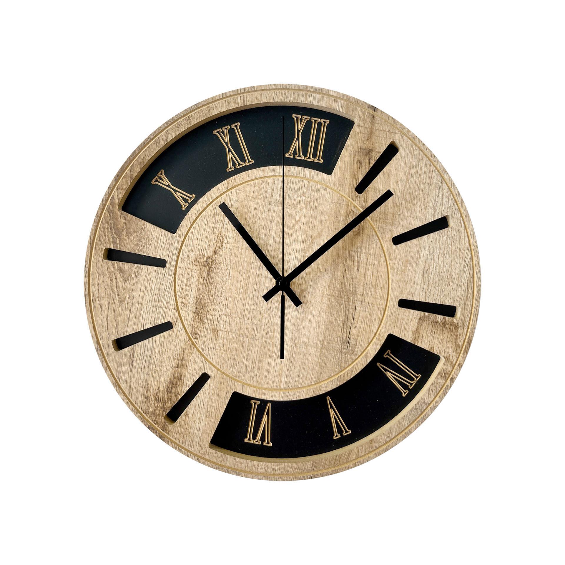 Wanduhr Schwarz/Eichefarben Ø ca. 36cm - Eichefarben/Schwarz, Basics, Holz/Kunststoff (36cm)