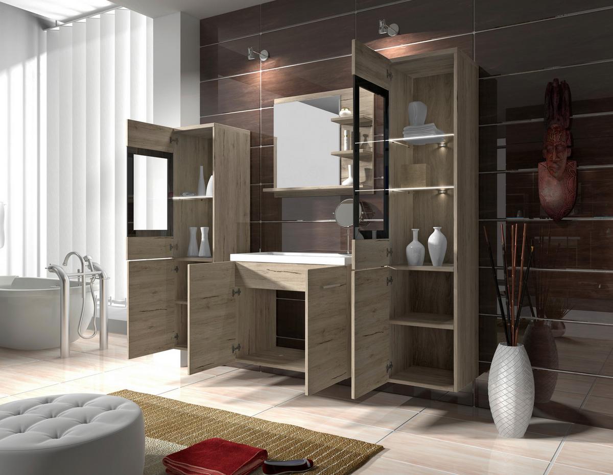 Badmöbel-Set 5-tlg. Madrit mit LED ca. 120 cm Eiche - Eiche San Remo/Weiß, LIFESTYLE, Glas/Holzwerkstoff (120cm) - P & B