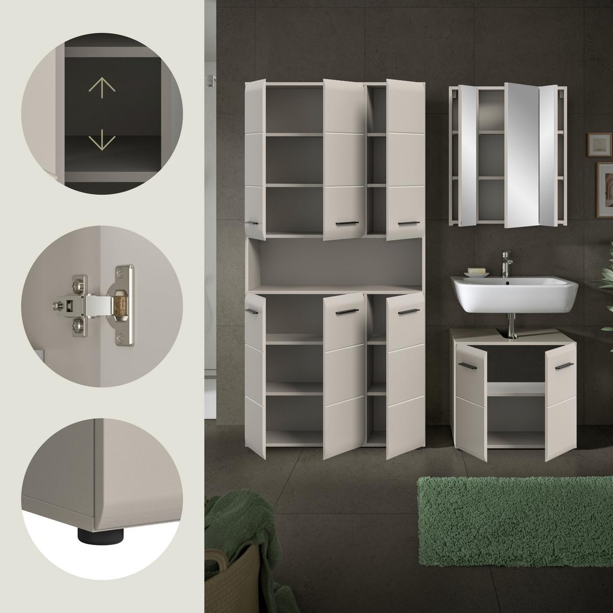 Badezimmer Ice Kaschmir 3-teilig - Kaschmir/Schwarz, Trend, Glas/Holzwerkstoff (150cm) - MID.YOU