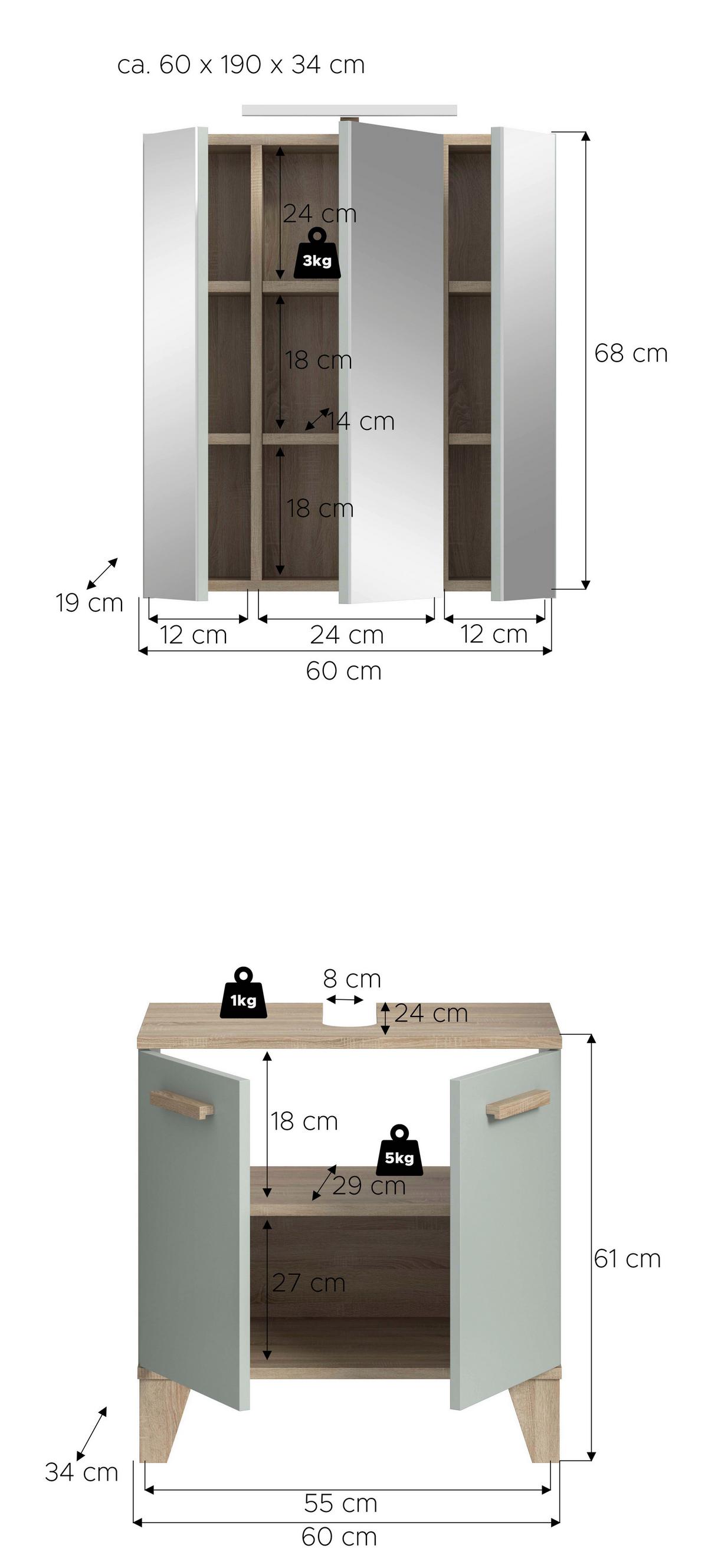 Badezimmer Star 3-tlg. ca. 60 cm Eiche/Graugrün - Graugrün/Eiche San Remo, MODERN, Holzwerkstoff/Kunststoff (60cm) - MID.YOU
