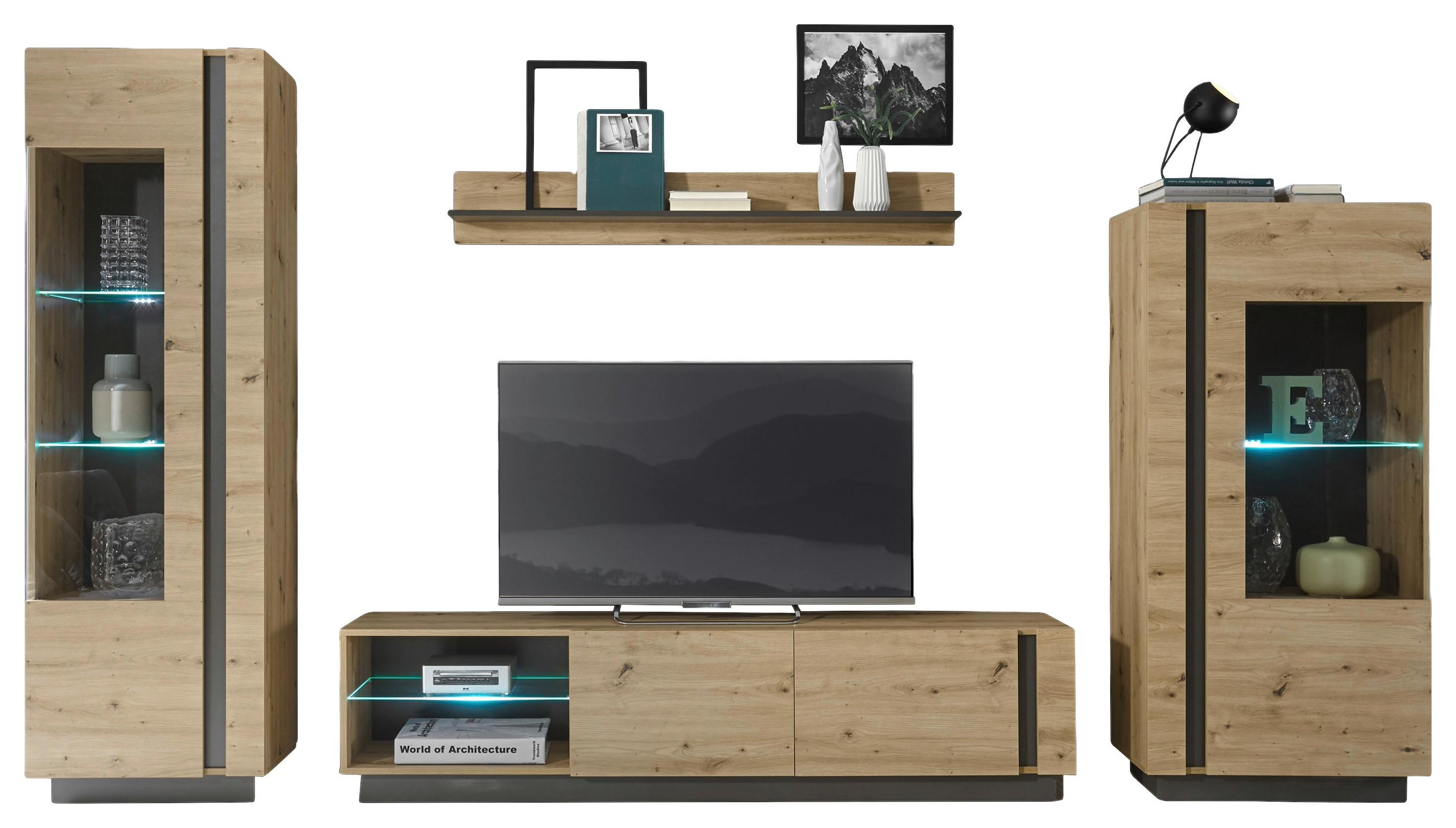 Wohnwand Clair Grau/Eiche Artisan - Eiche Artisan/Grau, Design, Glas/Holzwerkstoff (340/194/40cm) - MID.YOU