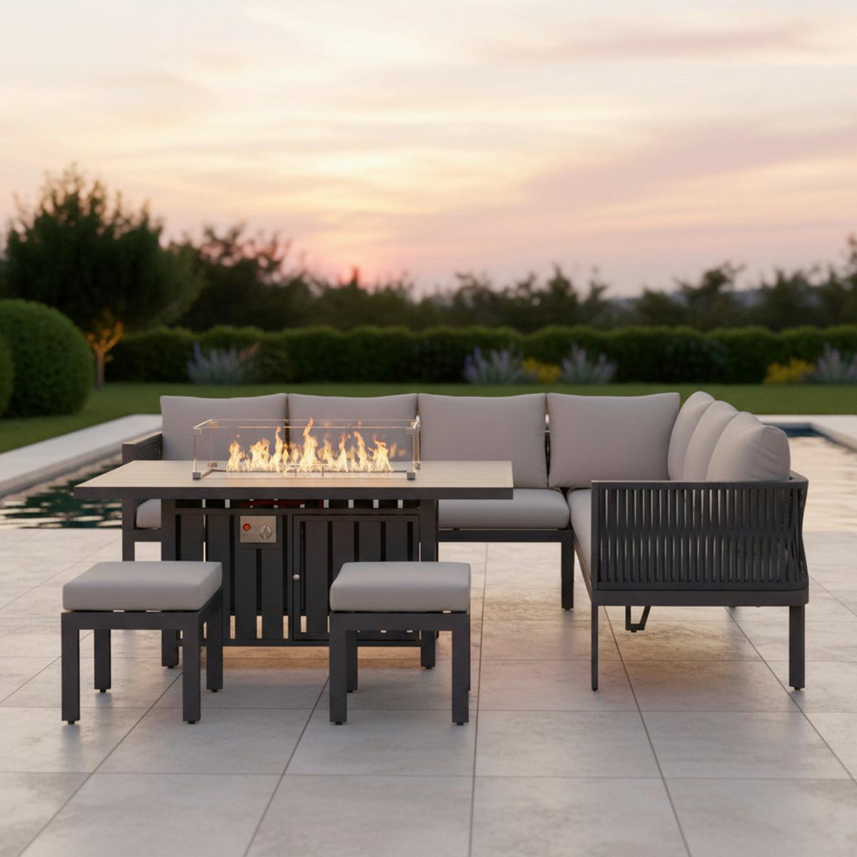Dining-Loungeset Selena Grau Outdoorstoff/Metall +Abdeckung - Edelstahlfarben/Hellgrau, MODERN, Glas/Textil (258/66/72cm) - Bessagi Garden