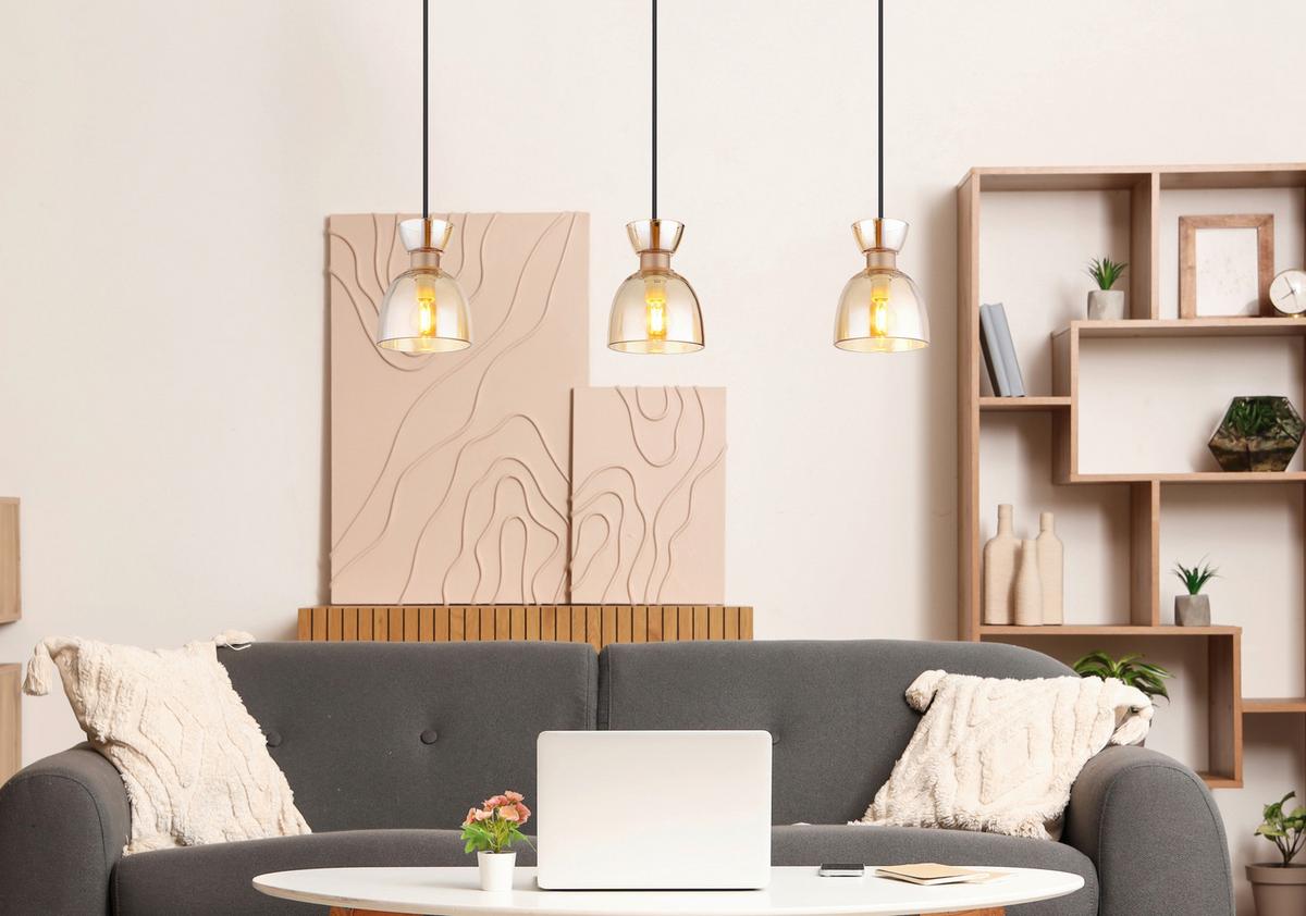 HÄNGELEUCHTE 15769A-3 MASSEY - Bernsteinfarben/Schwarz, Design, Glas/Kunststoff (65/13/120cm) - Globo